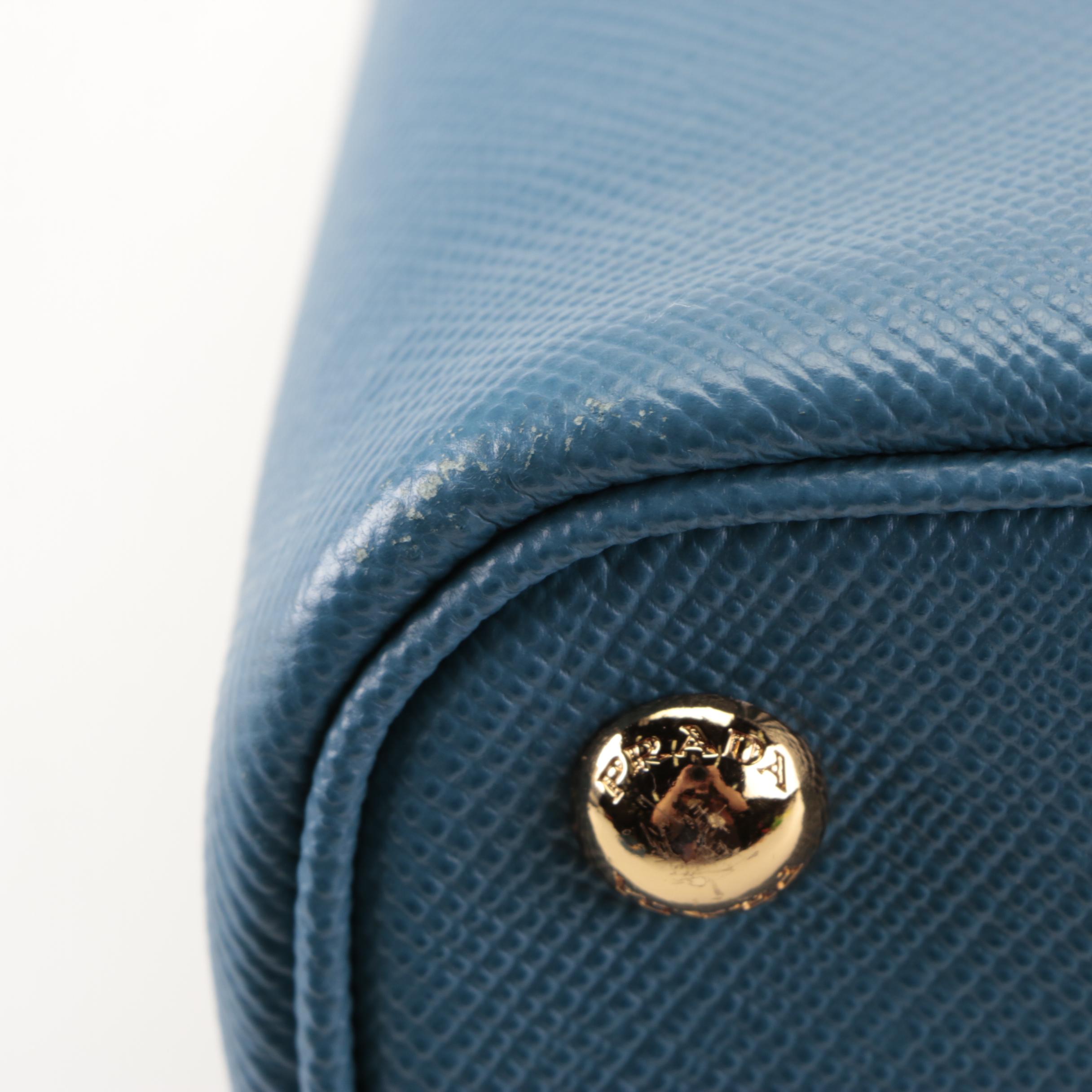 Prada Cuir Double Tote Small in Canvas and Blue Saffiano Leather