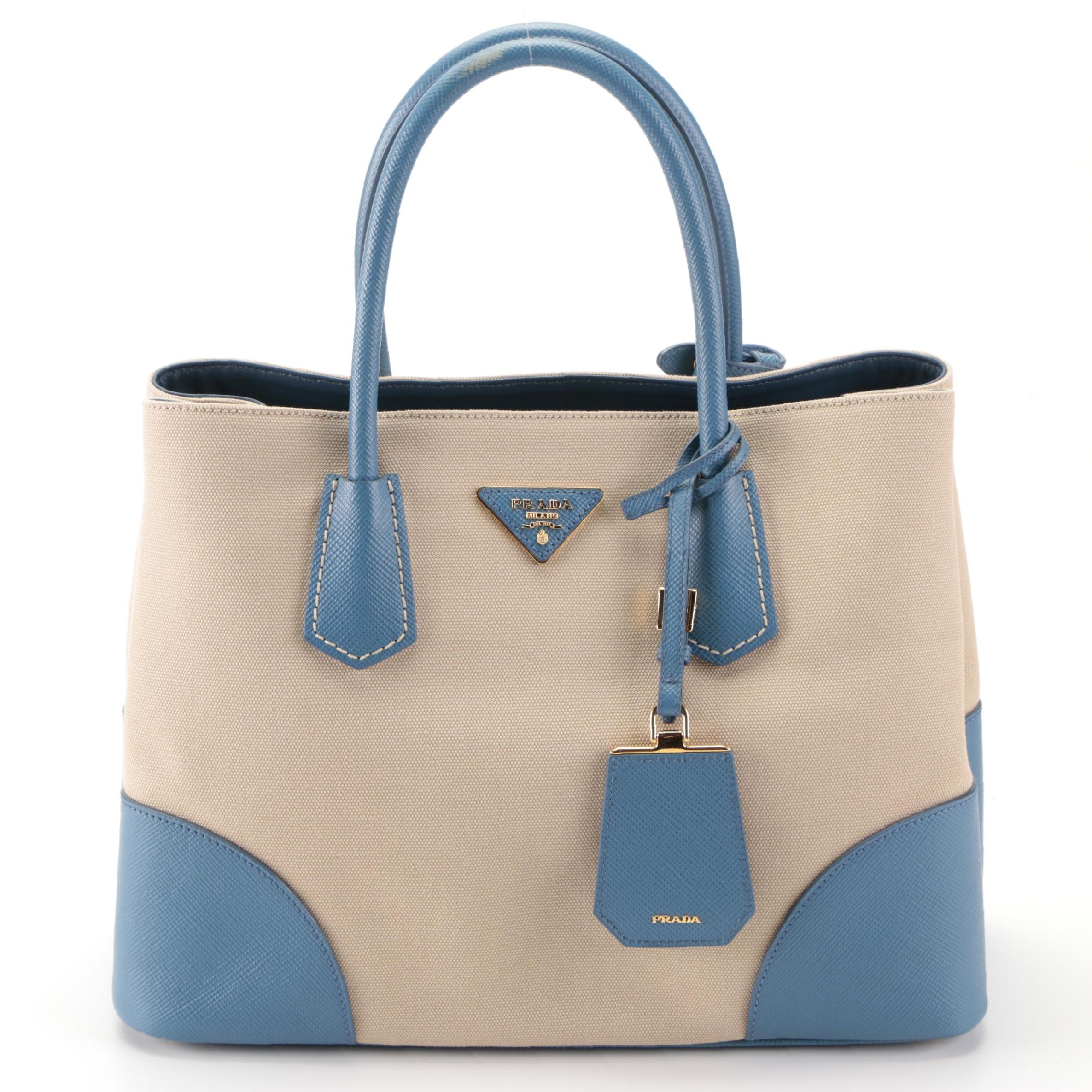 Prada Cuir Double Tote Small in Canvas and Blue Saffiano Leather