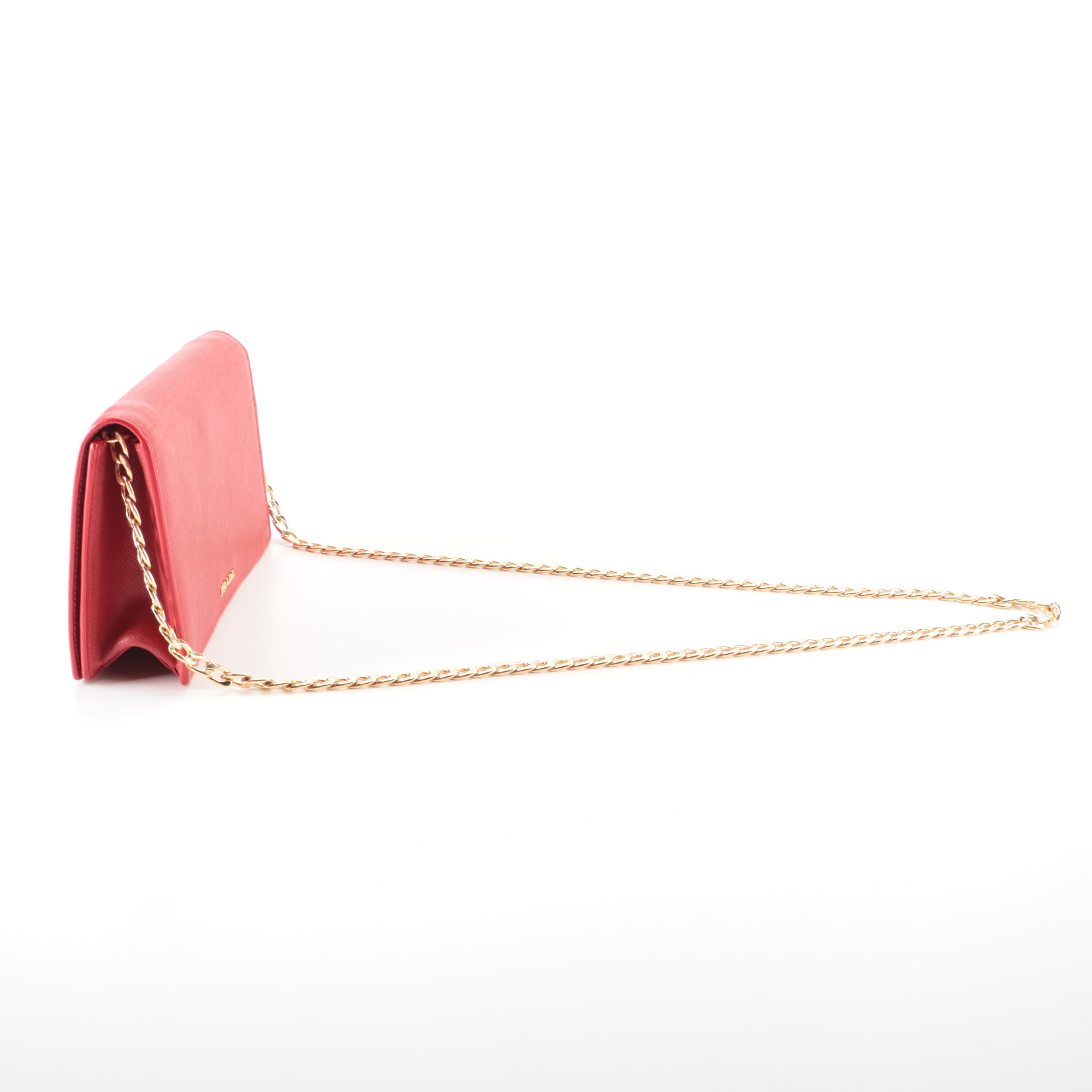 Prada Flower Clasp Clutch Bag in Red Saffiano Leather with Chain-Link Strap