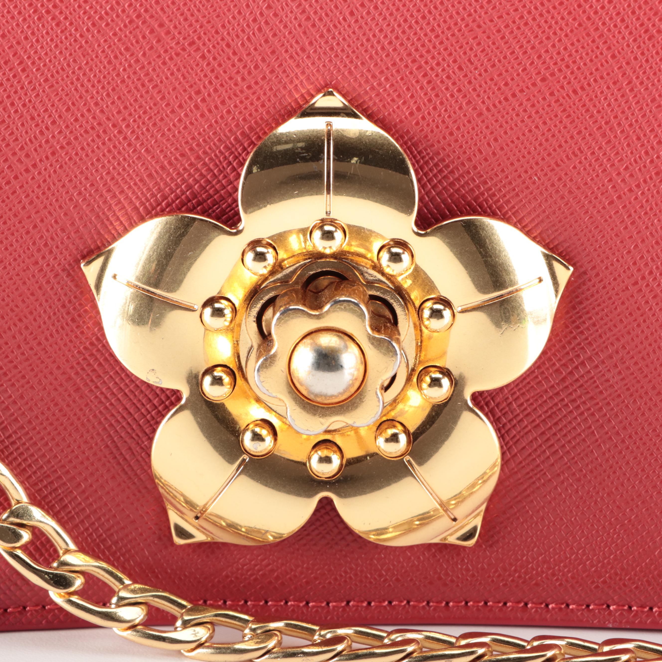 Prada Flower Clasp Clutch Bag in Red Saffiano Leather with Chain-Link Strap