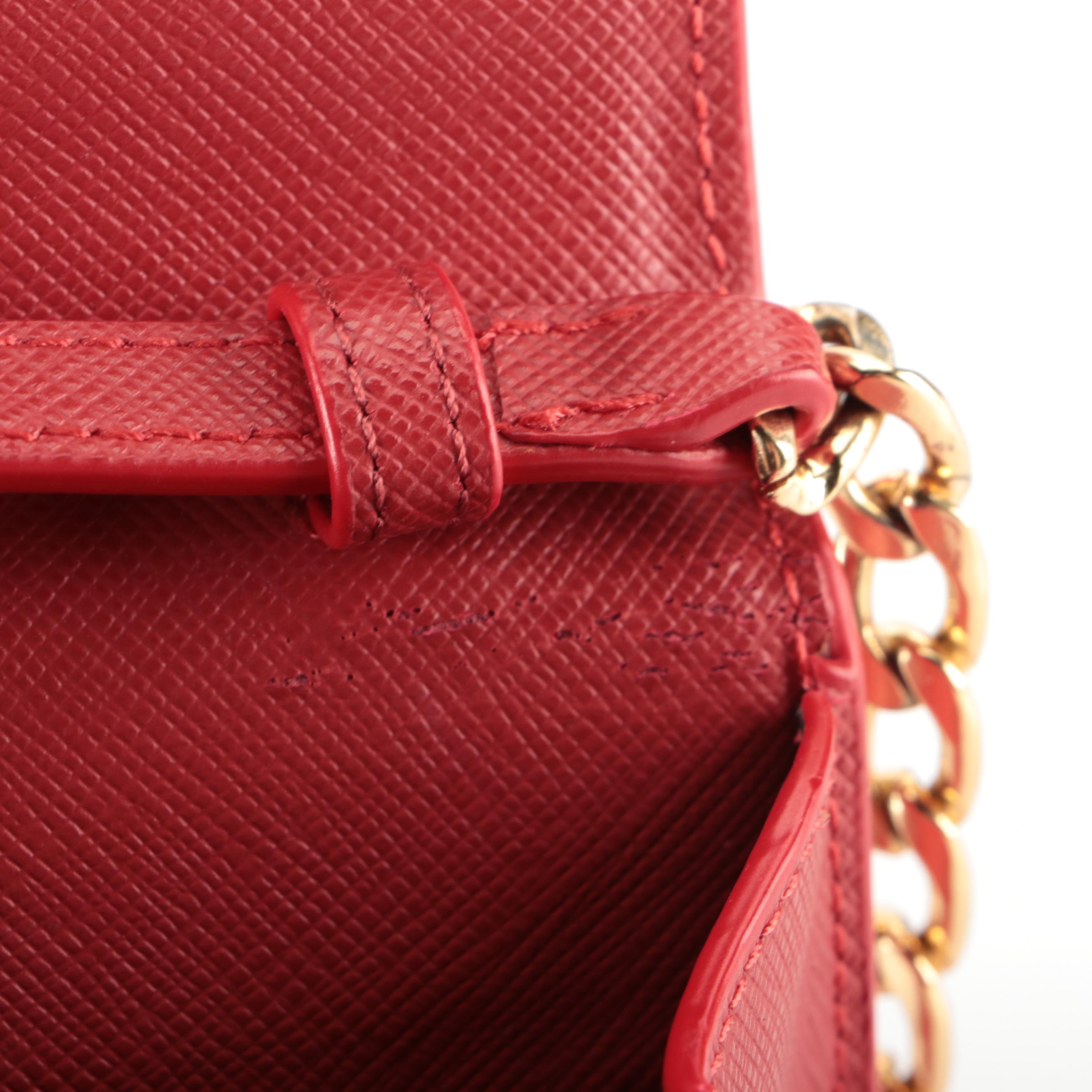 Prada Flower Clasp Clutch Bag in Red Saffiano Leather with Chain-Link Strap