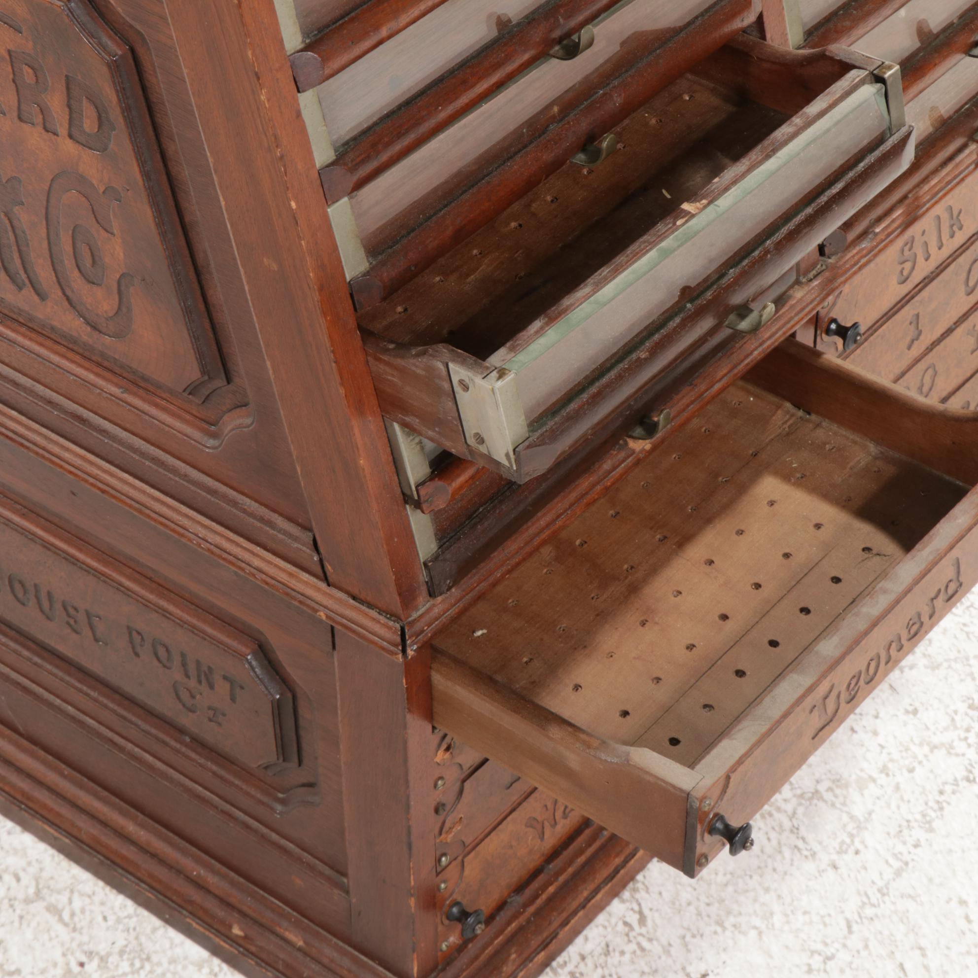 Leonard Silk Co. Victorian Oak, Burl Wood and Glass Spool Cabinet