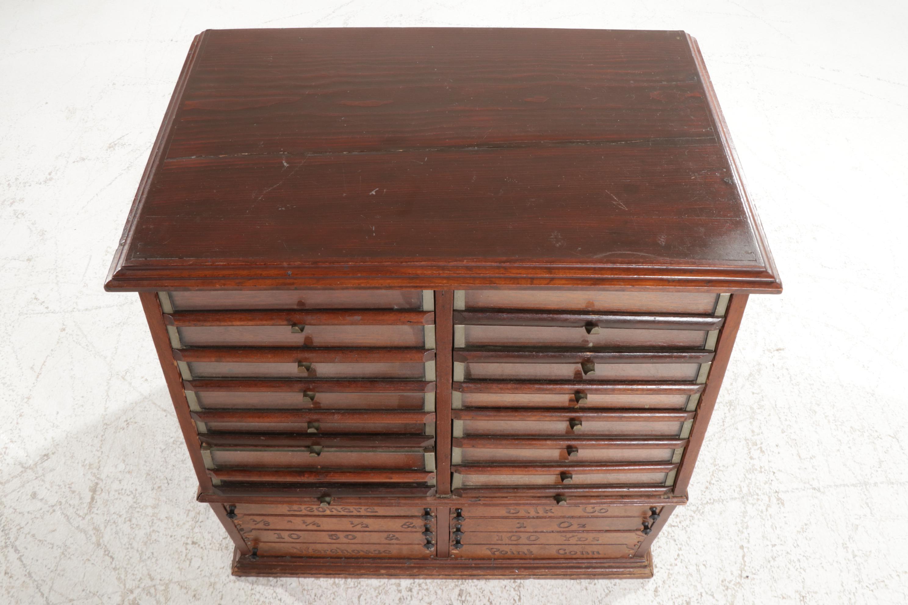 Leonard Silk Co. Victorian Oak, Burl Wood and Glass Spool Cabinet