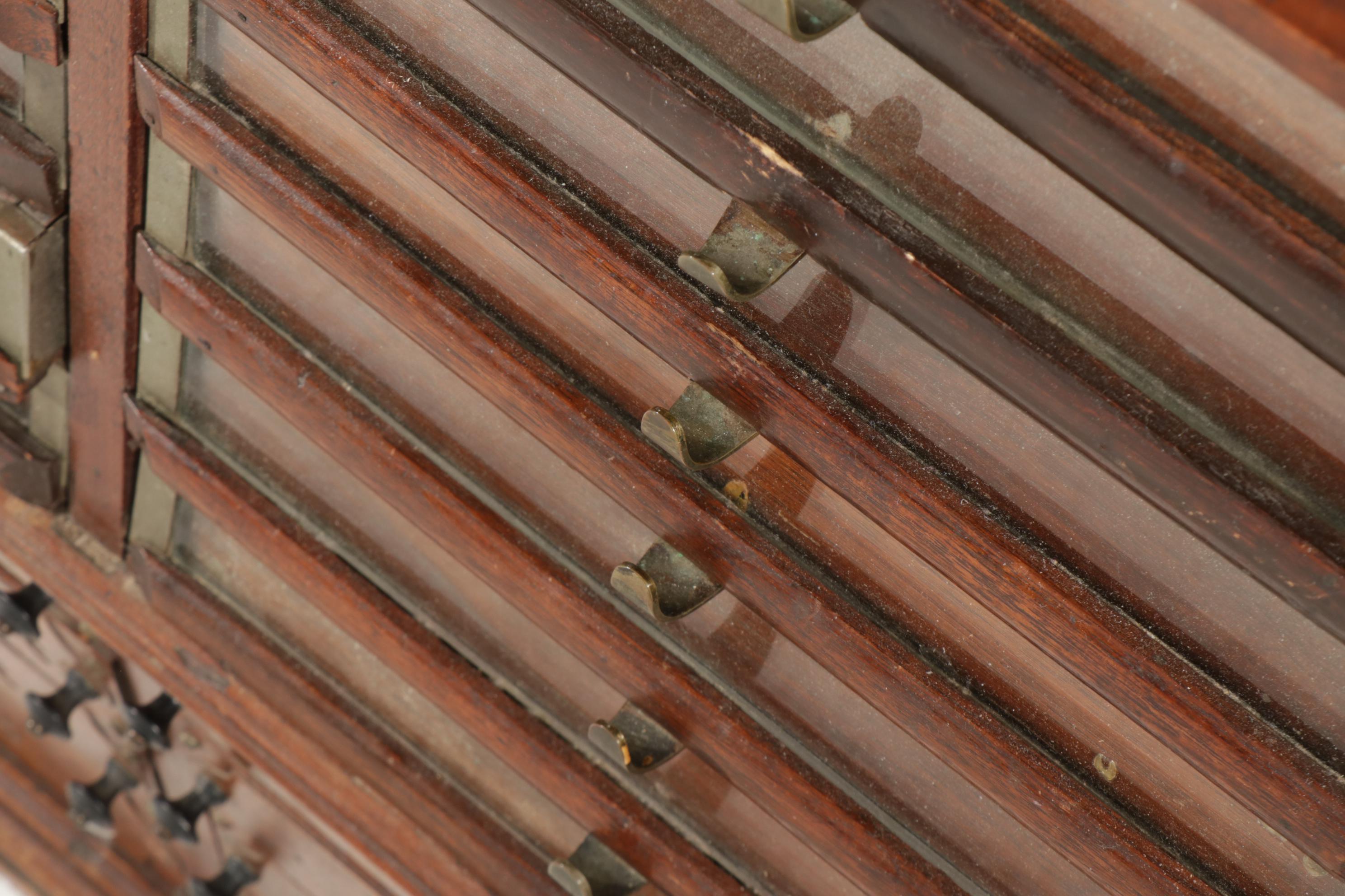 Leonard Silk Co. Victorian Oak, Burl Wood and Glass Spool Cabinet