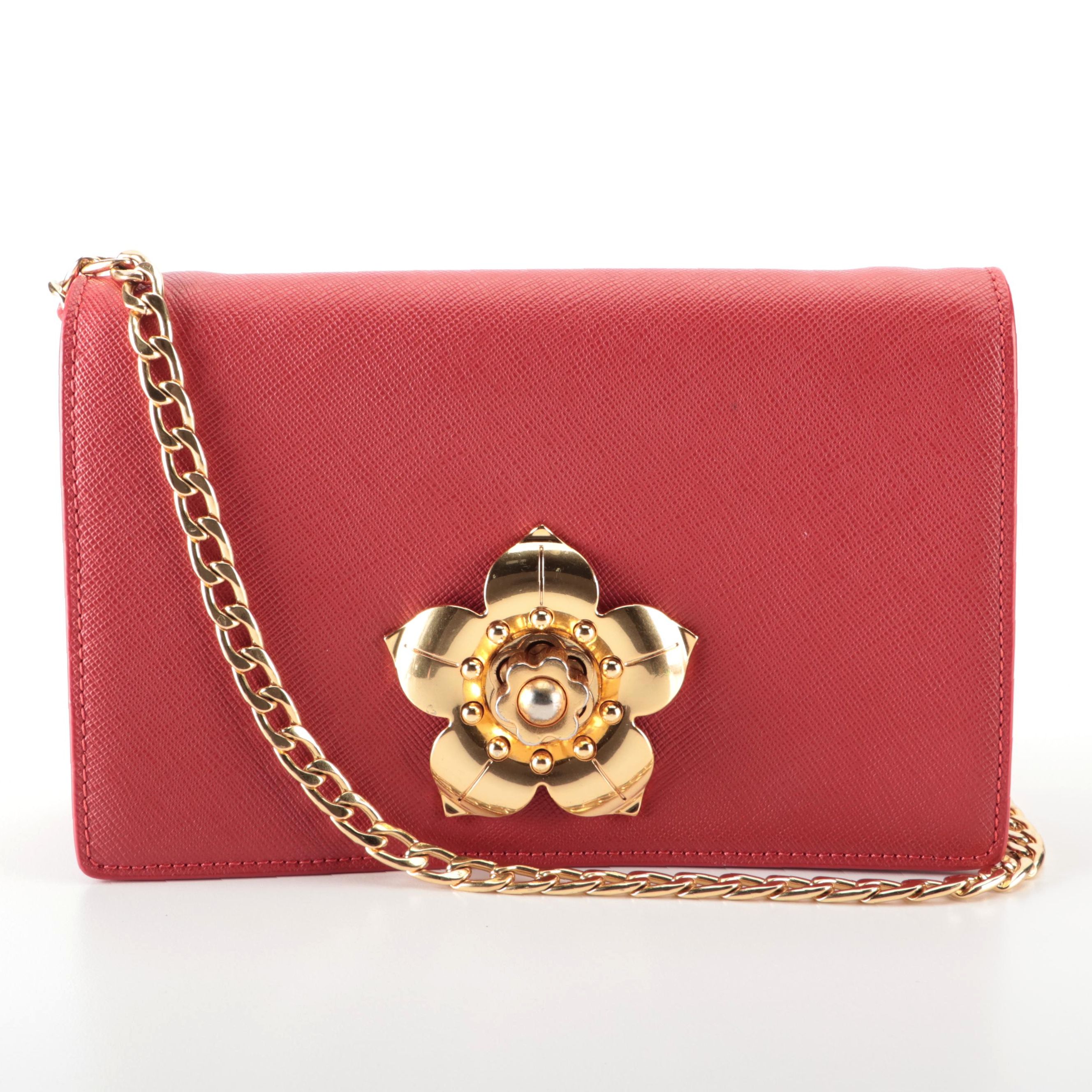 Prada Flower Clasp Clutch Bag in Red Saffiano Leather with Chain-Link Strap