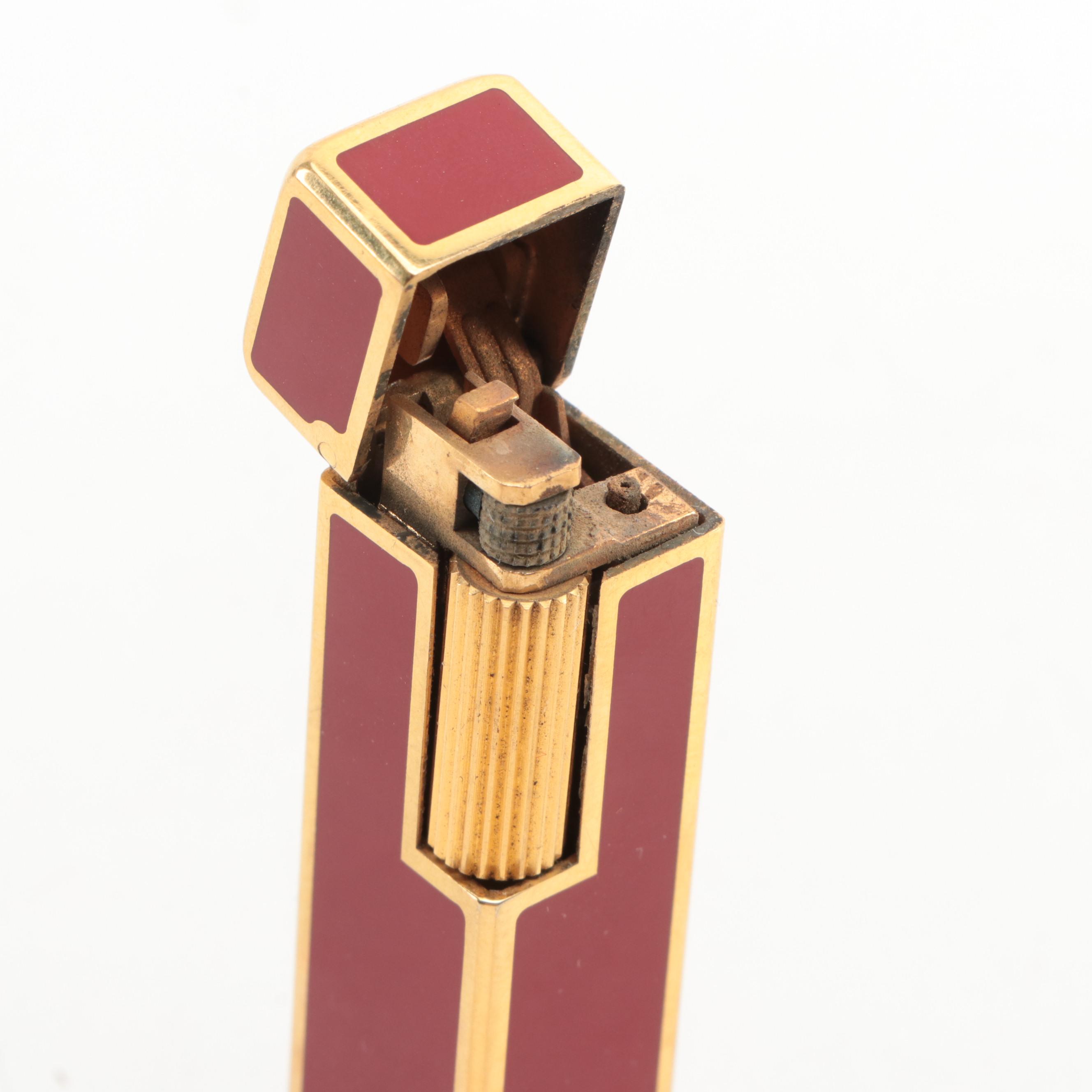 Cartier 18K Gold Plate Red Enamel Cube Lighter, Mid-20th Century
