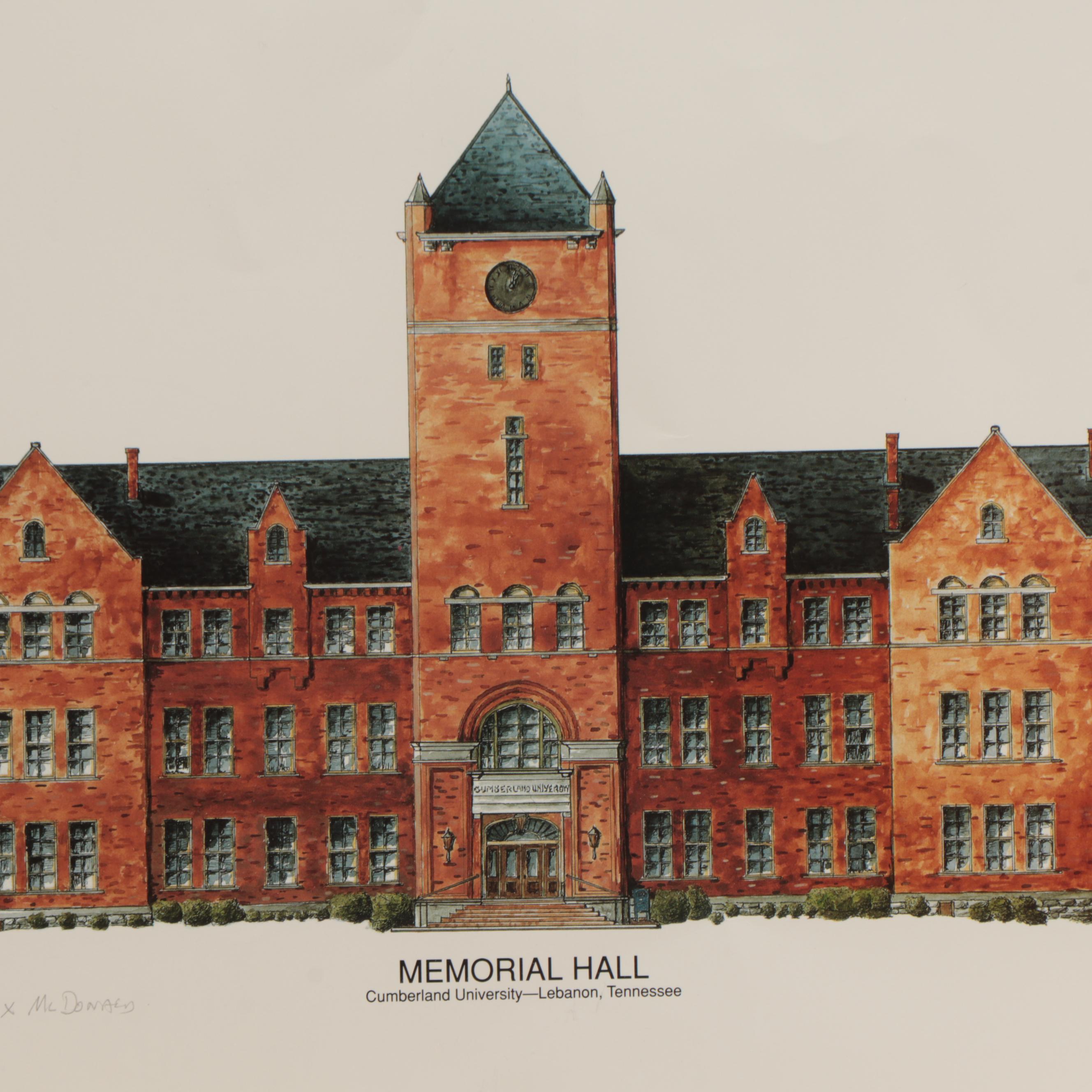 Phil Ponder Offset Lithograph "Memorial Hall / Cumberland University"