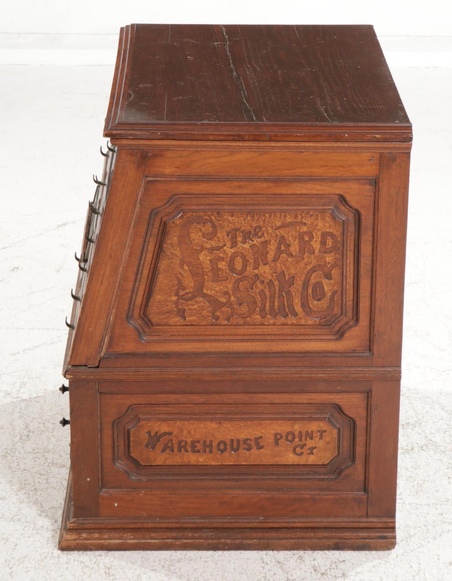 Leonard Silk Co. Victorian Oak, Burl Wood and Glass Spool Cabinet