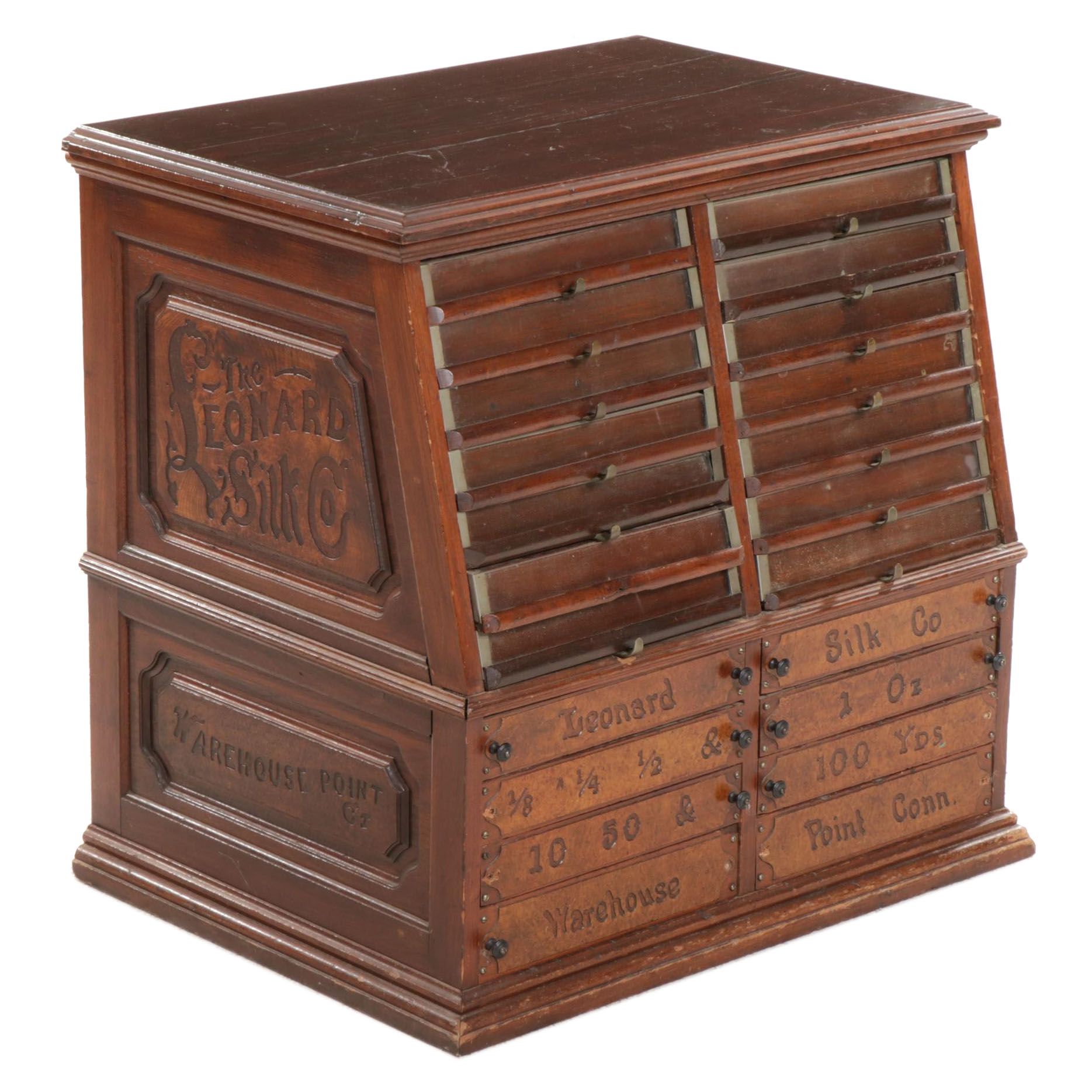 Leonard Silk Co. Victorian Oak, Burl Wood and Glass Spool Cabinet