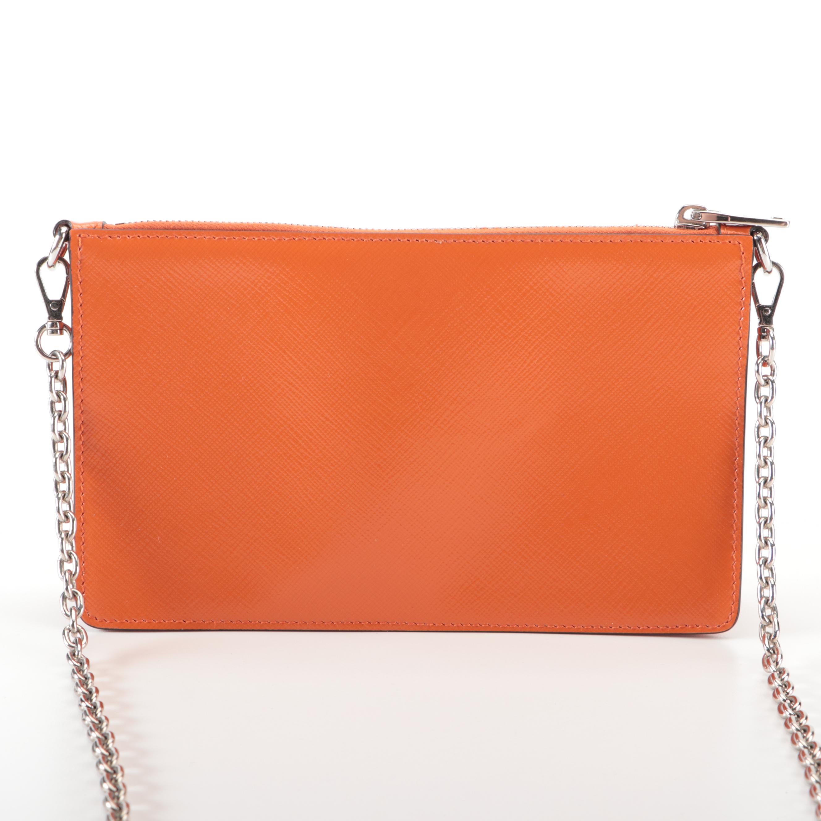 Prada Small Zip Pochette-on-Chain in Orange Saffiano Patent Leather
