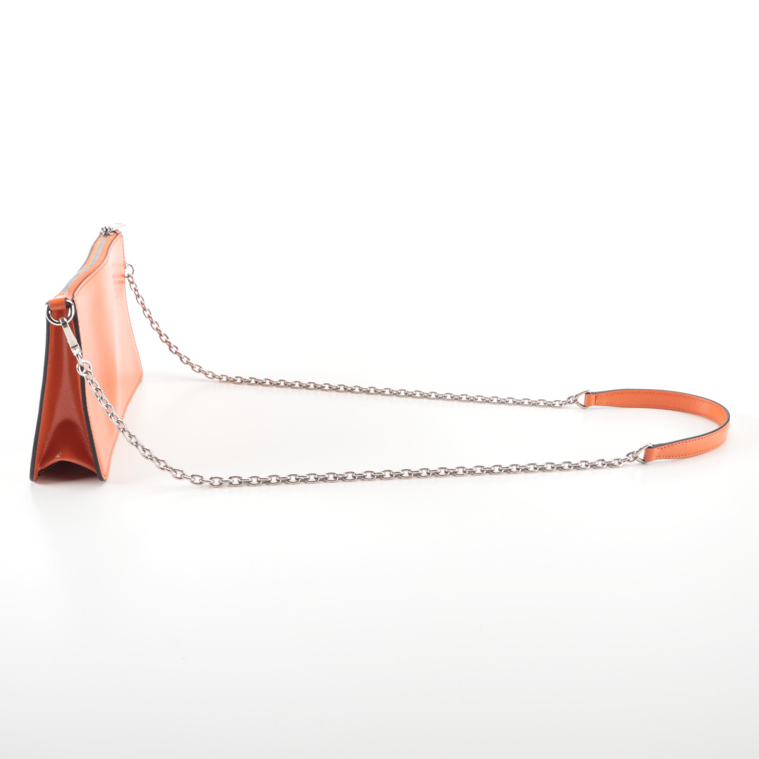 Prada Small Zip Pochette-on-Chain in Orange Saffiano Patent Leather