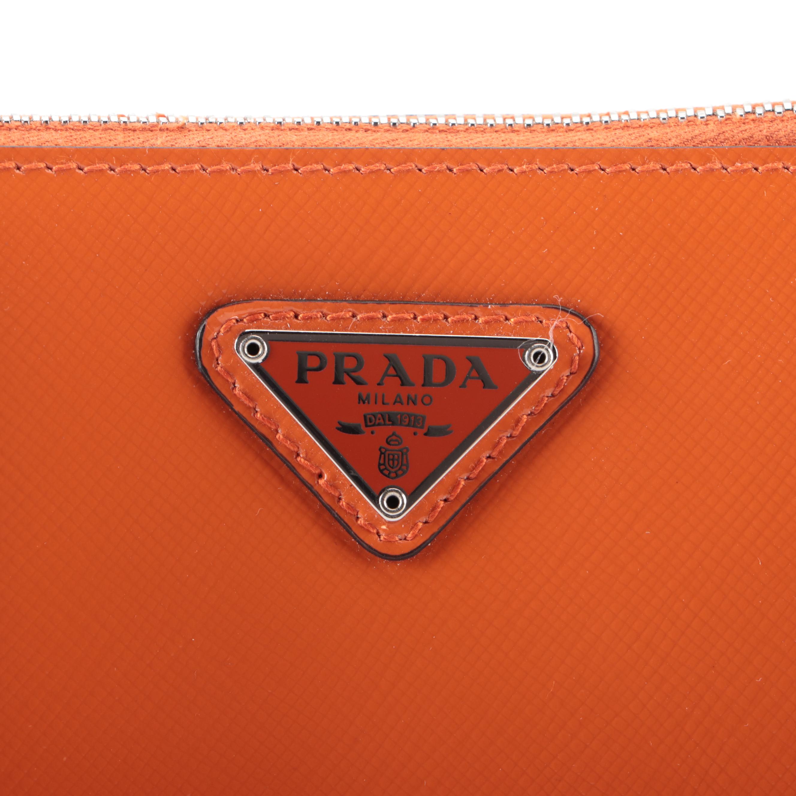 Prada Small Zip Pochette-on-Chain in Orange Saffiano Patent Leather