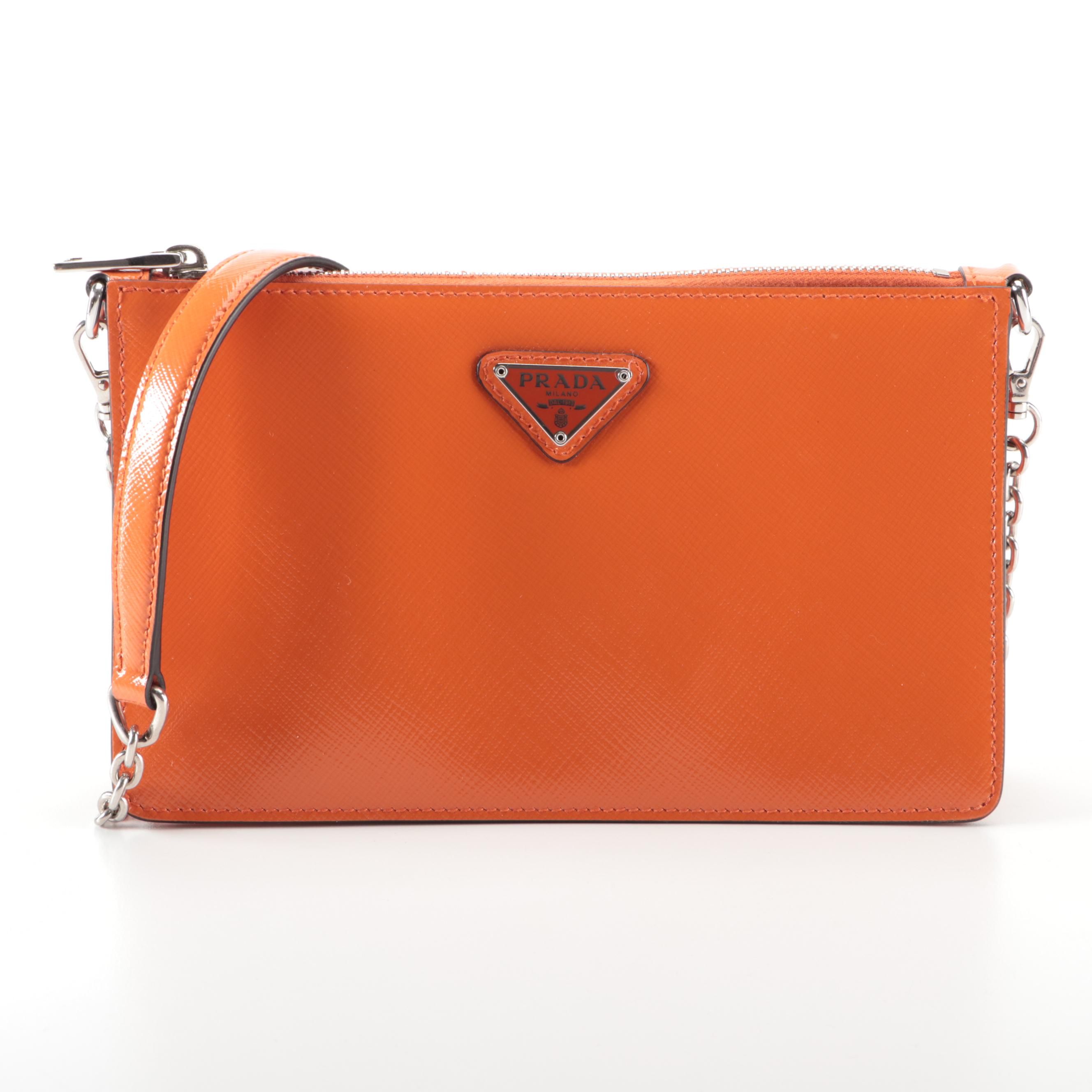 Prada Small Zip Pochette-on-Chain in Orange Saffiano Patent Leather