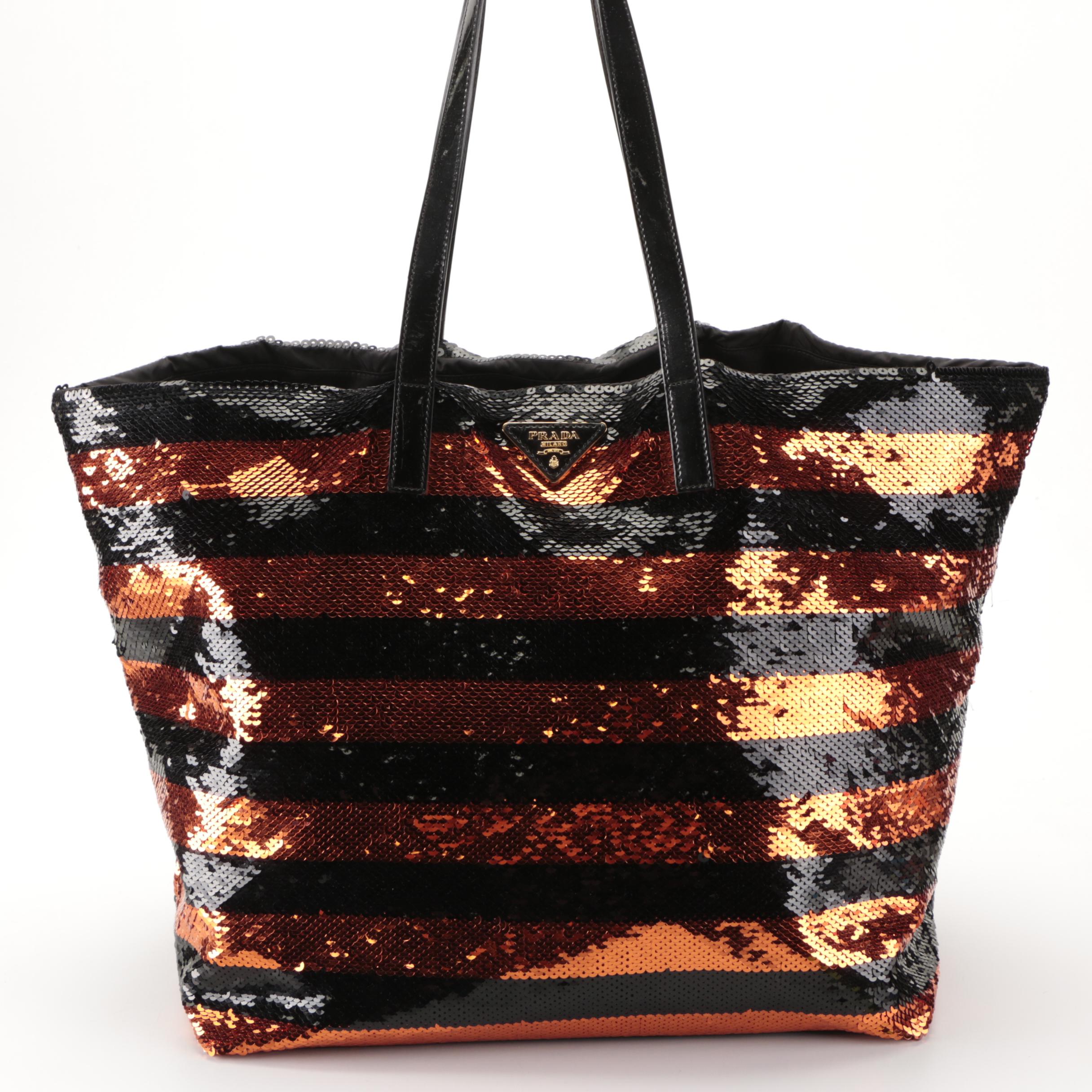 Prada Large Tote Bag in Striped Sequin Nylon with Leather Handles