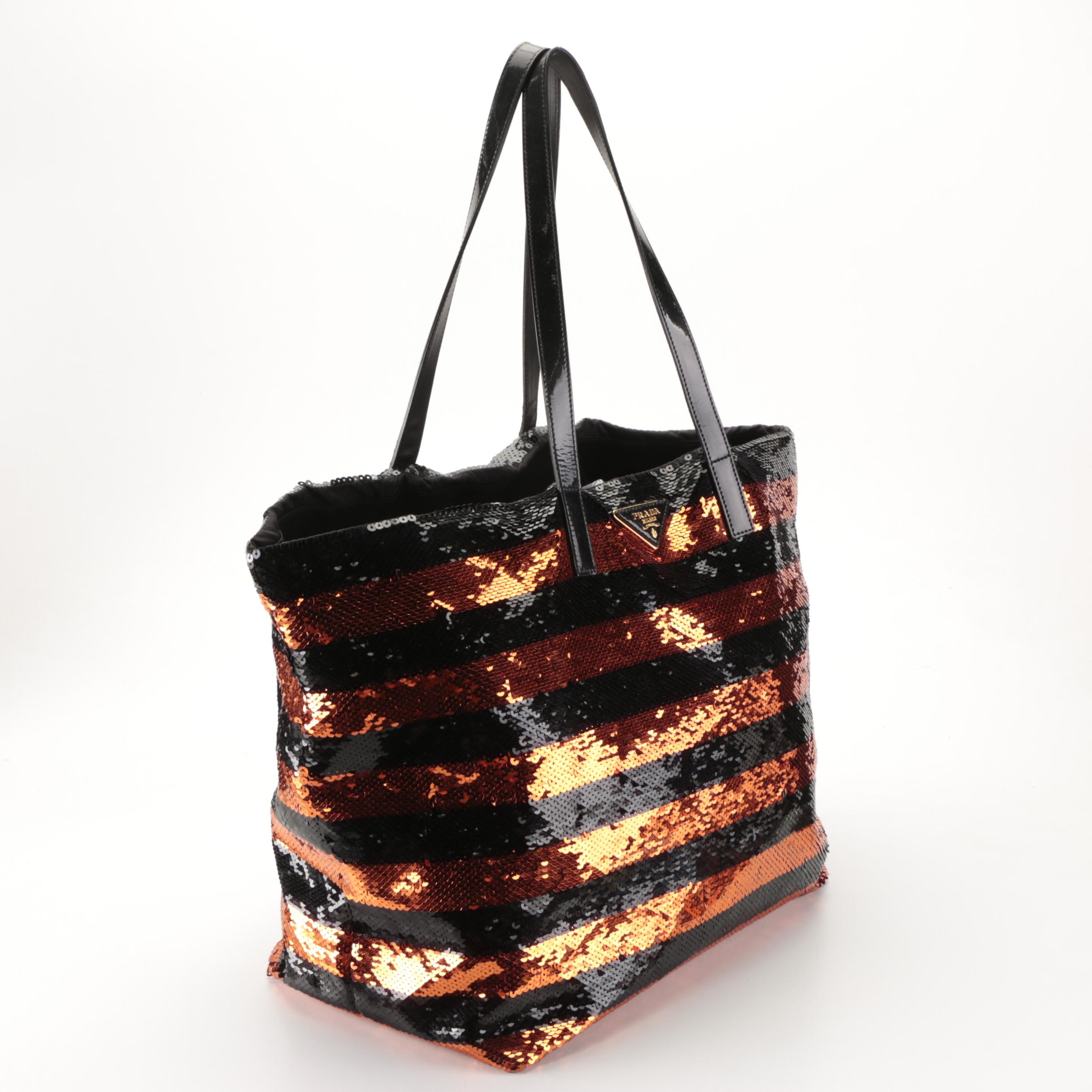 Prada Large Tote Bag in Striped Sequin Nylon with Leather Handles