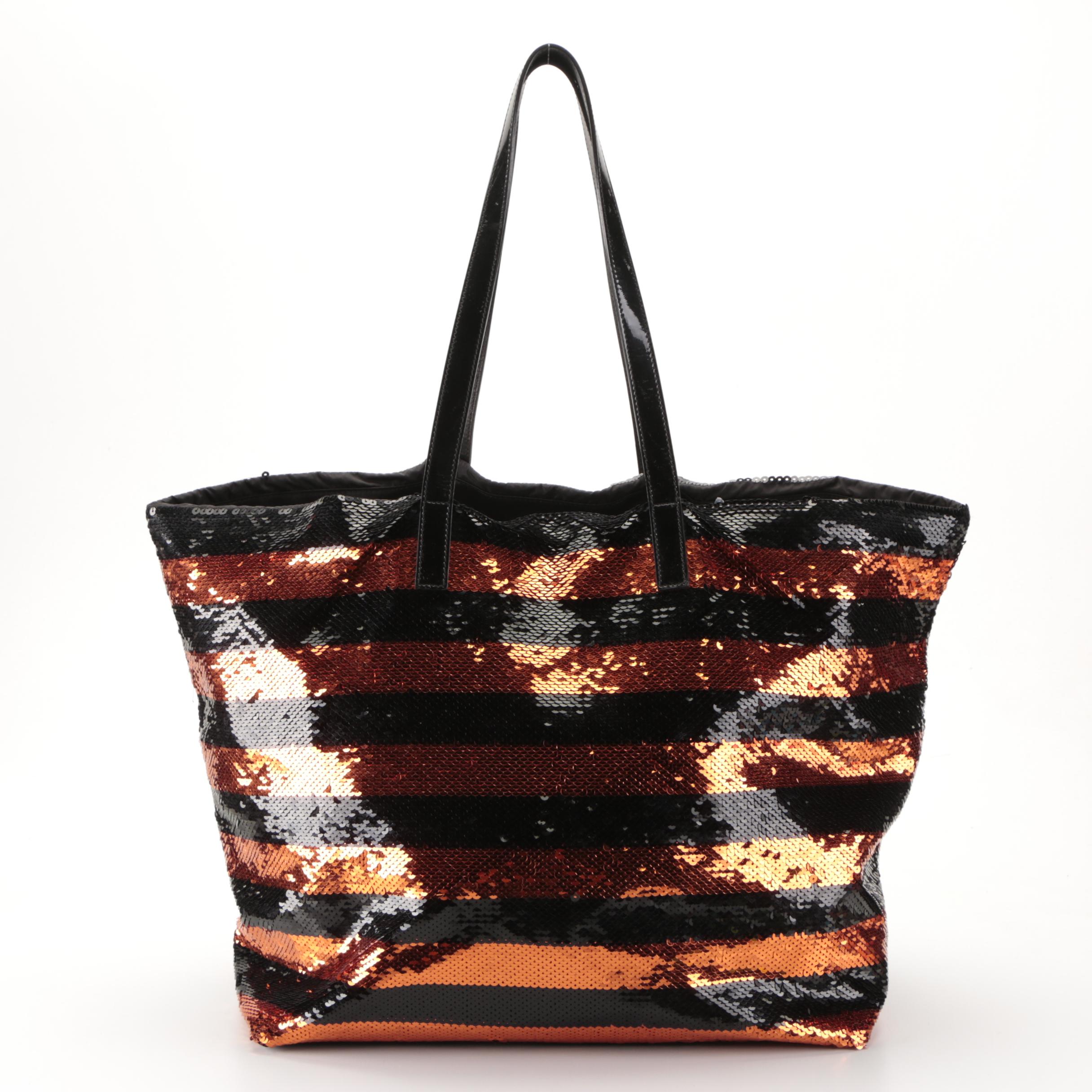 Prada Large Tote Bag in Striped Sequin Nylon with Leather Handles