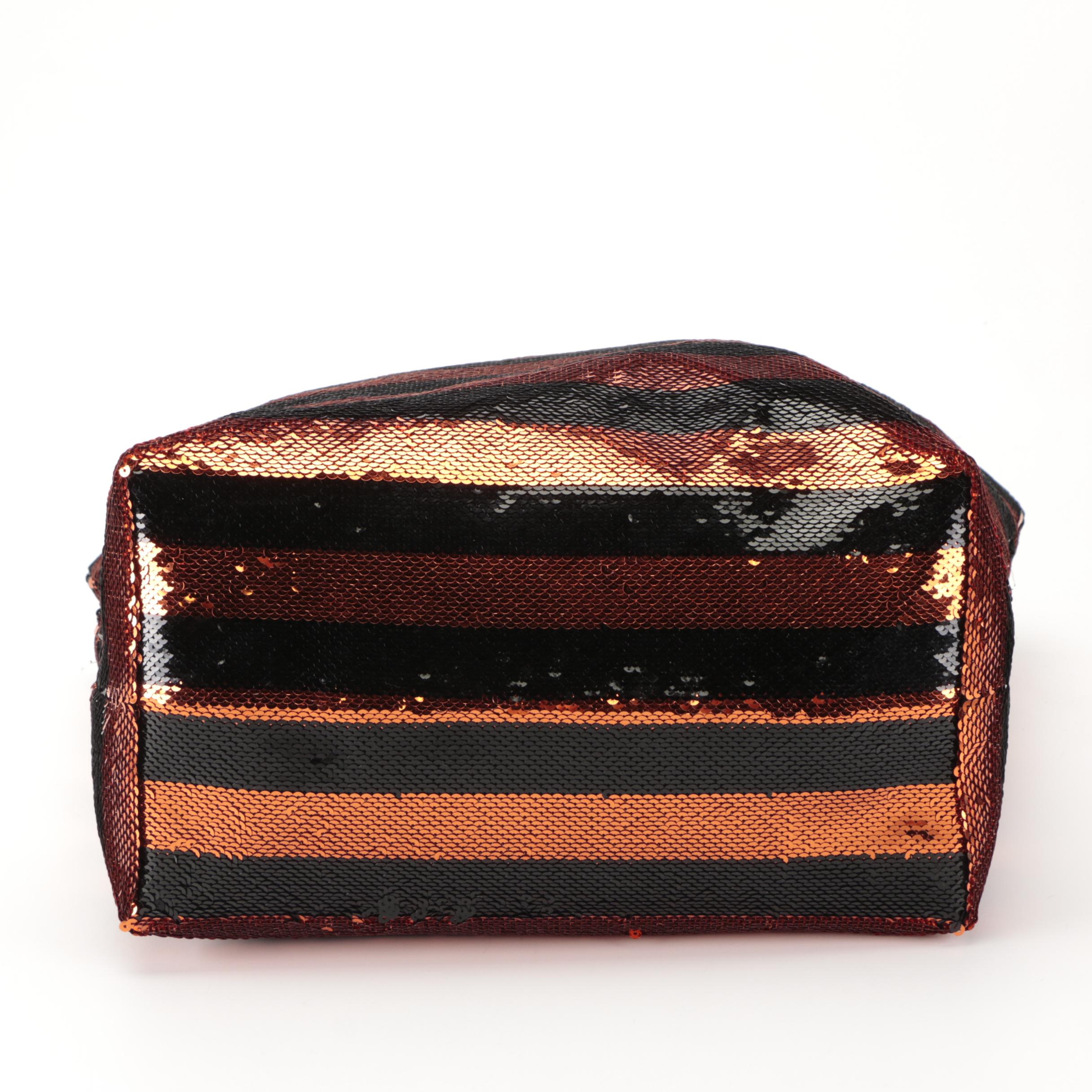 Prada Large Tote Bag in Striped Sequin Nylon with Leather Handles