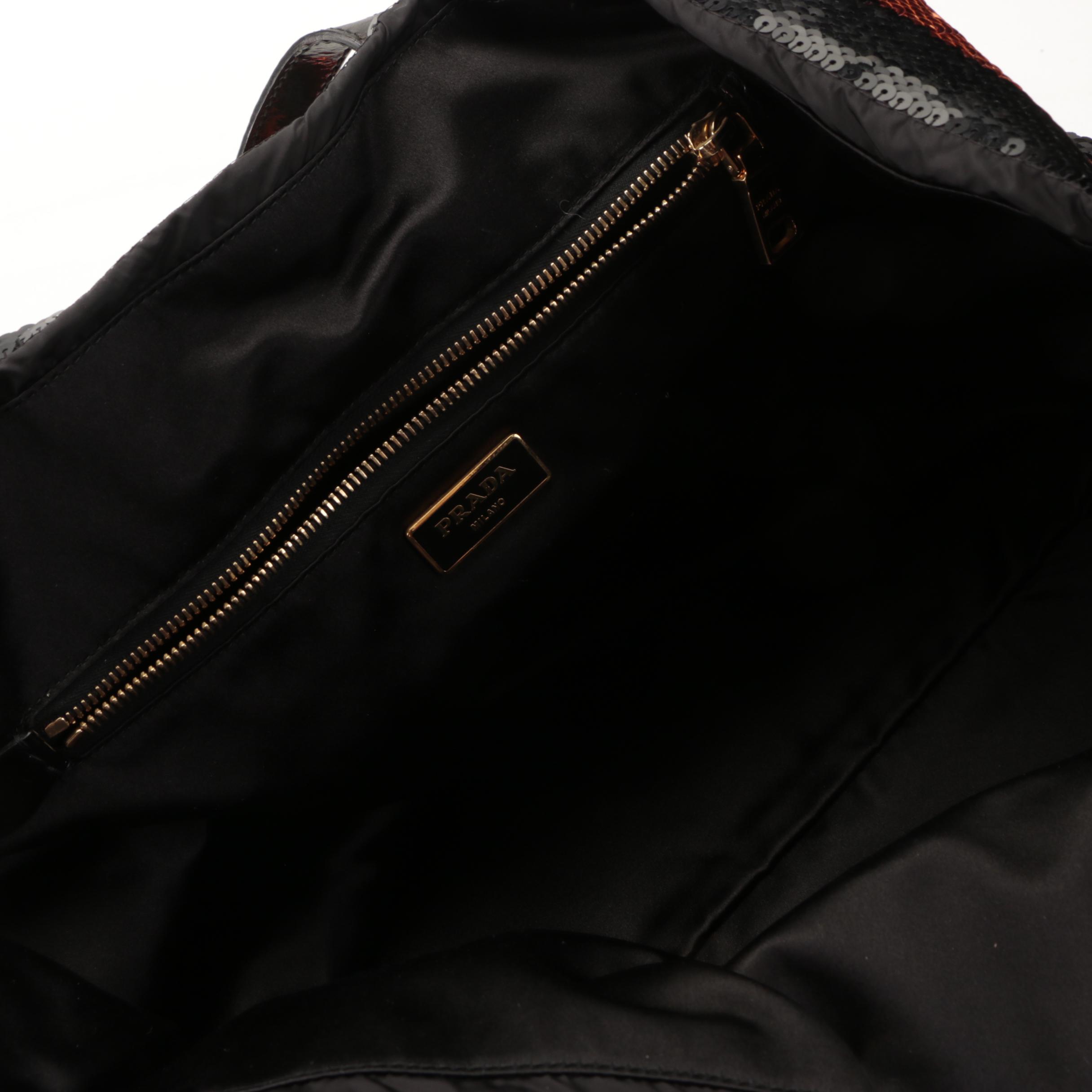 Prada Large Tote Bag in Striped Sequin Nylon with Leather Handles