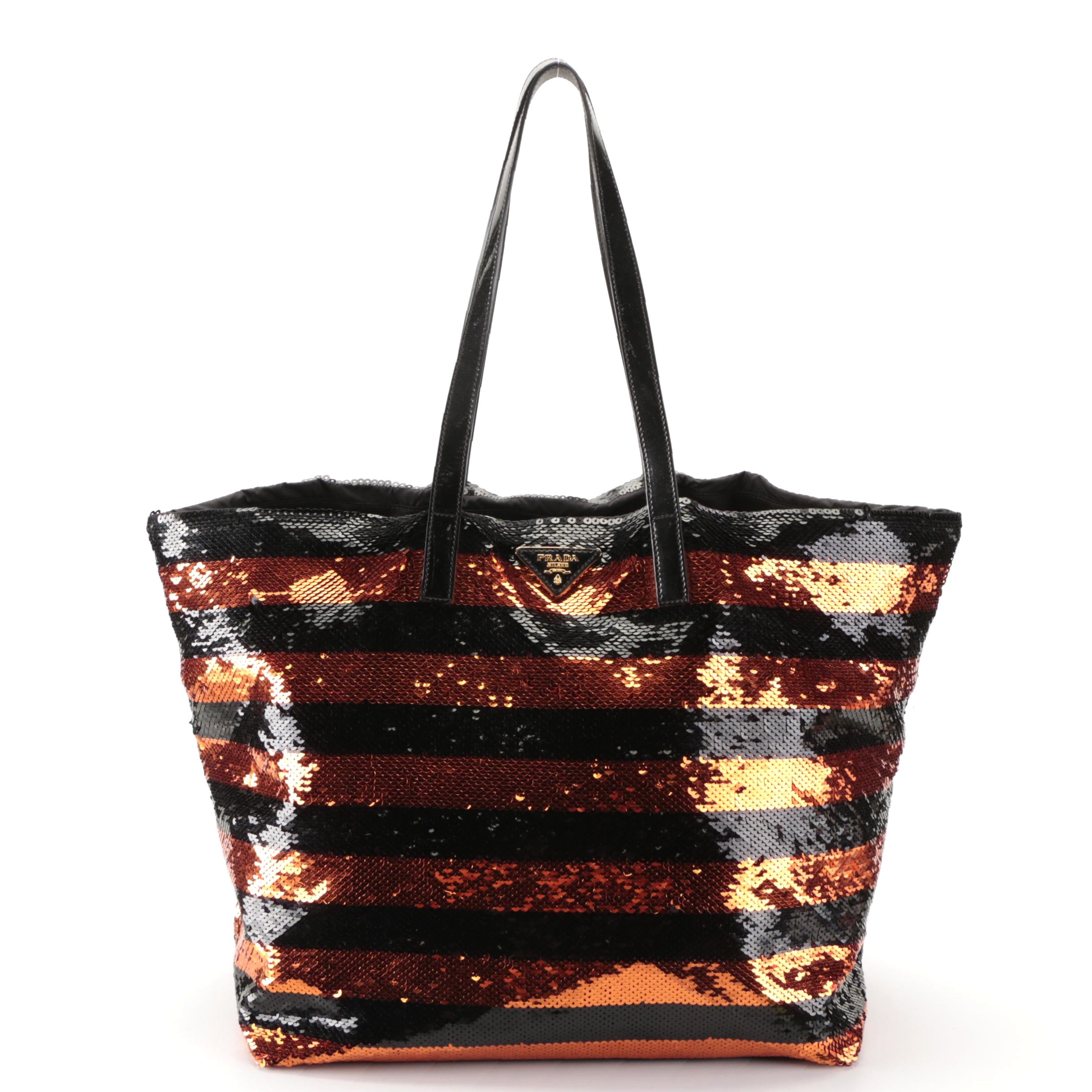 Prada Large Tote Bag in Striped Sequin Nylon with Leather Handles