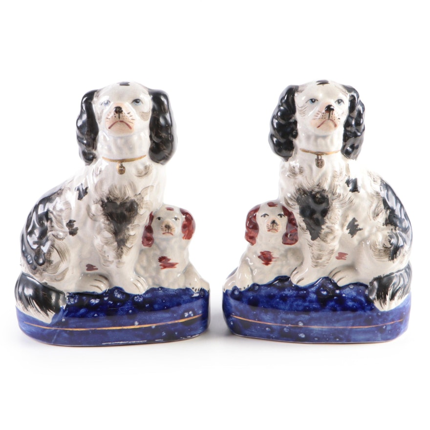 Pair of Staffordshire Style Dogs Seated on a Cushion, Mid to Late 20th Century