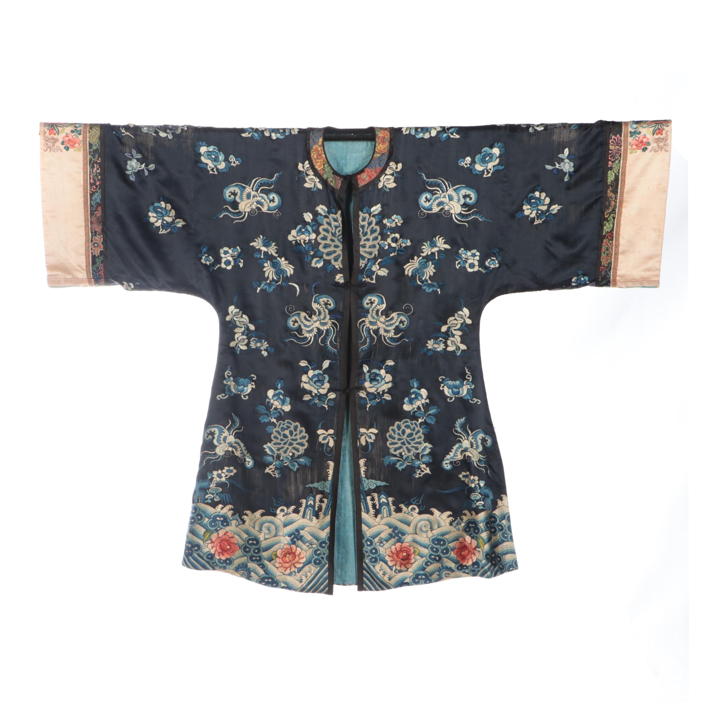 Women's Chinese Floral Embroidered Silk Robe, Qing Dynasty Period