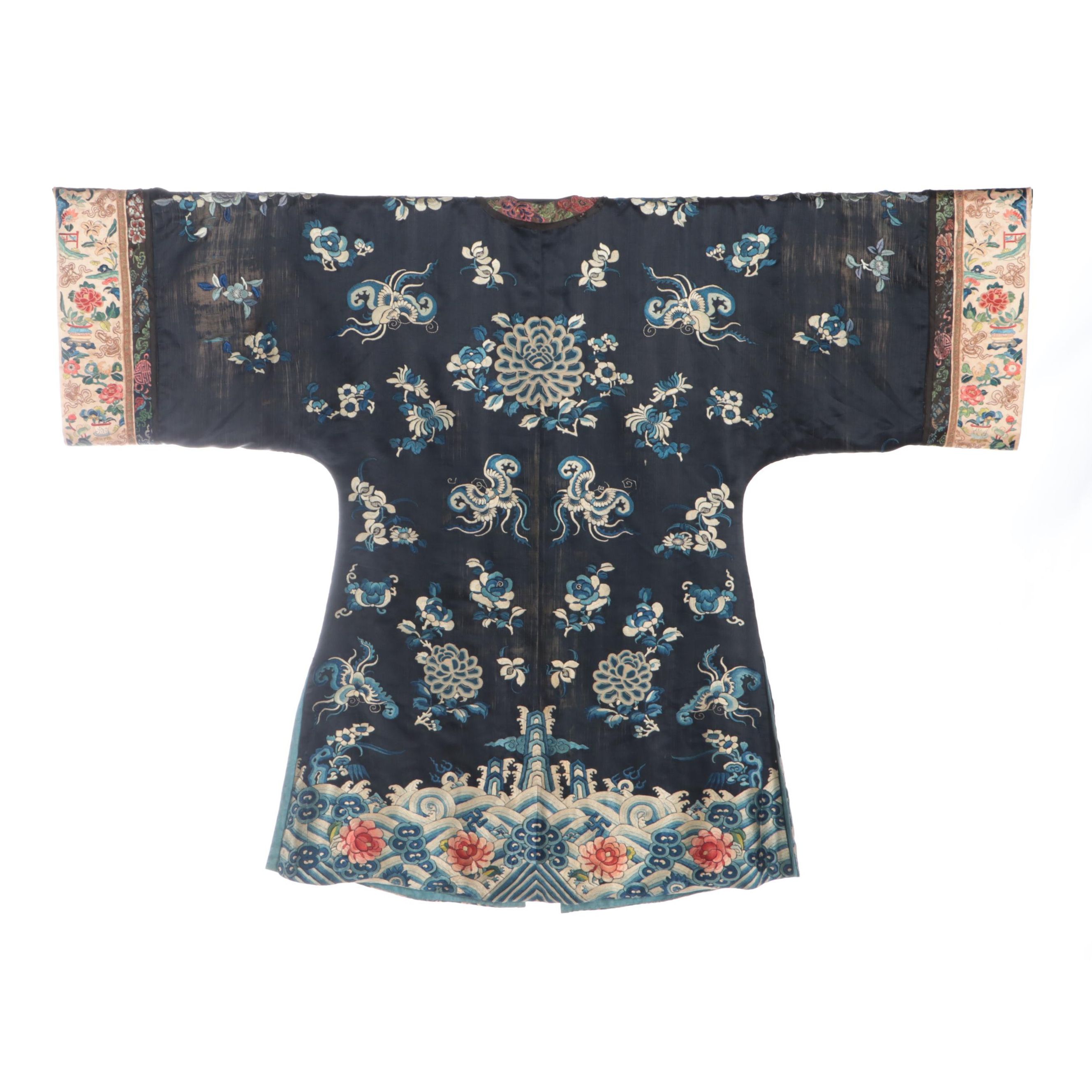 Women's Chinese Floral Embroidered Silk Robe, Qing Dynasty Period