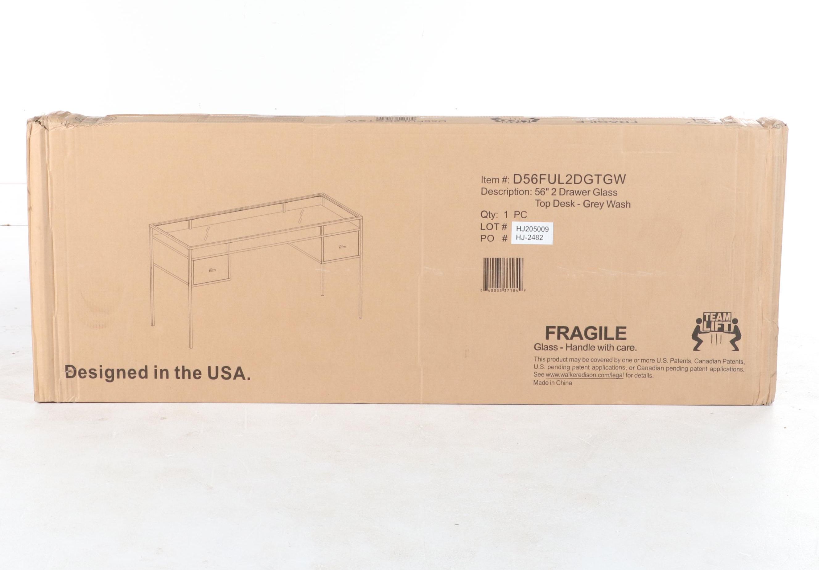 Walker Edison 56" Two-Drawer Glass Top Desk in Grey Wash