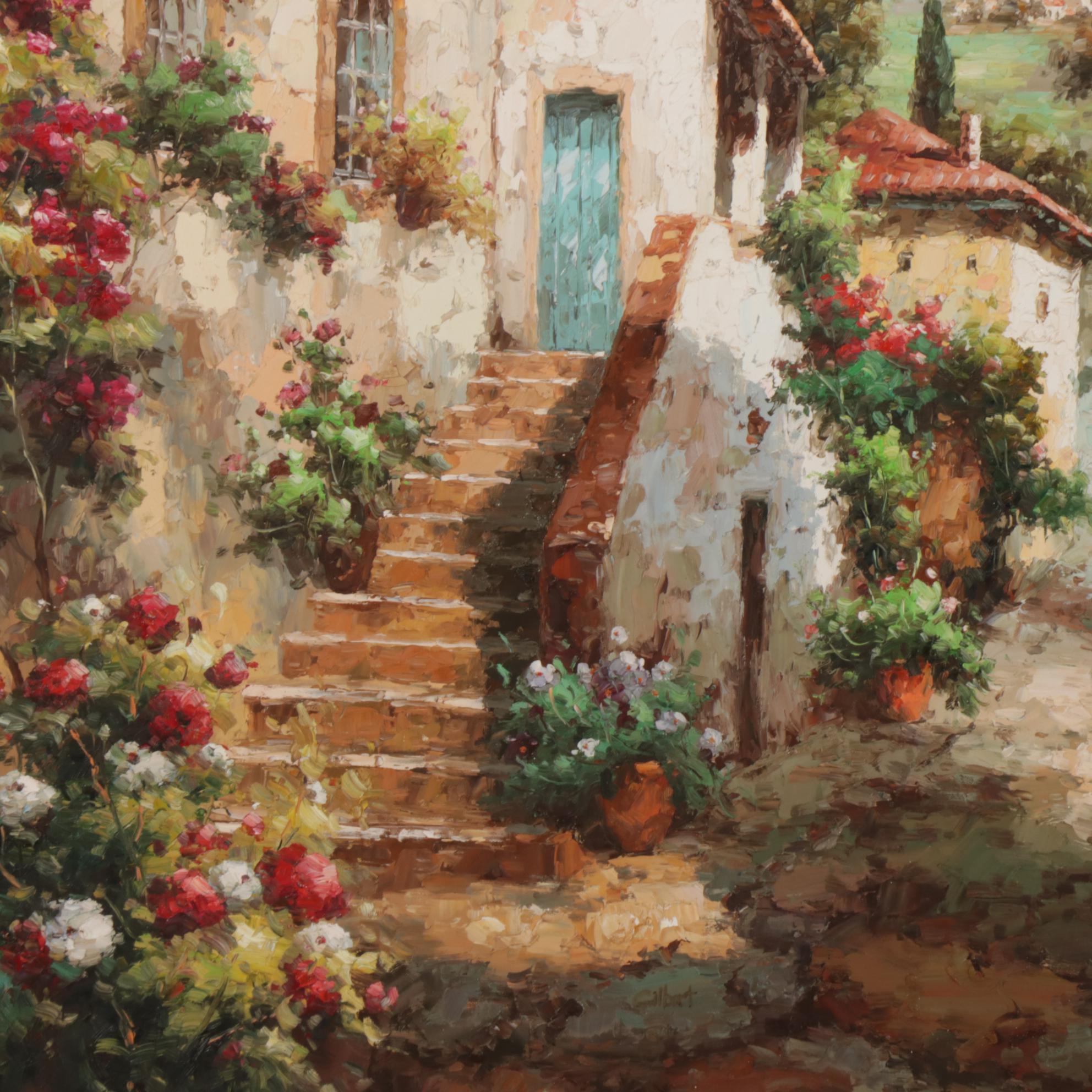 Gilbert Oil Painting of European Village Alleyway and Flowers, 21st Century