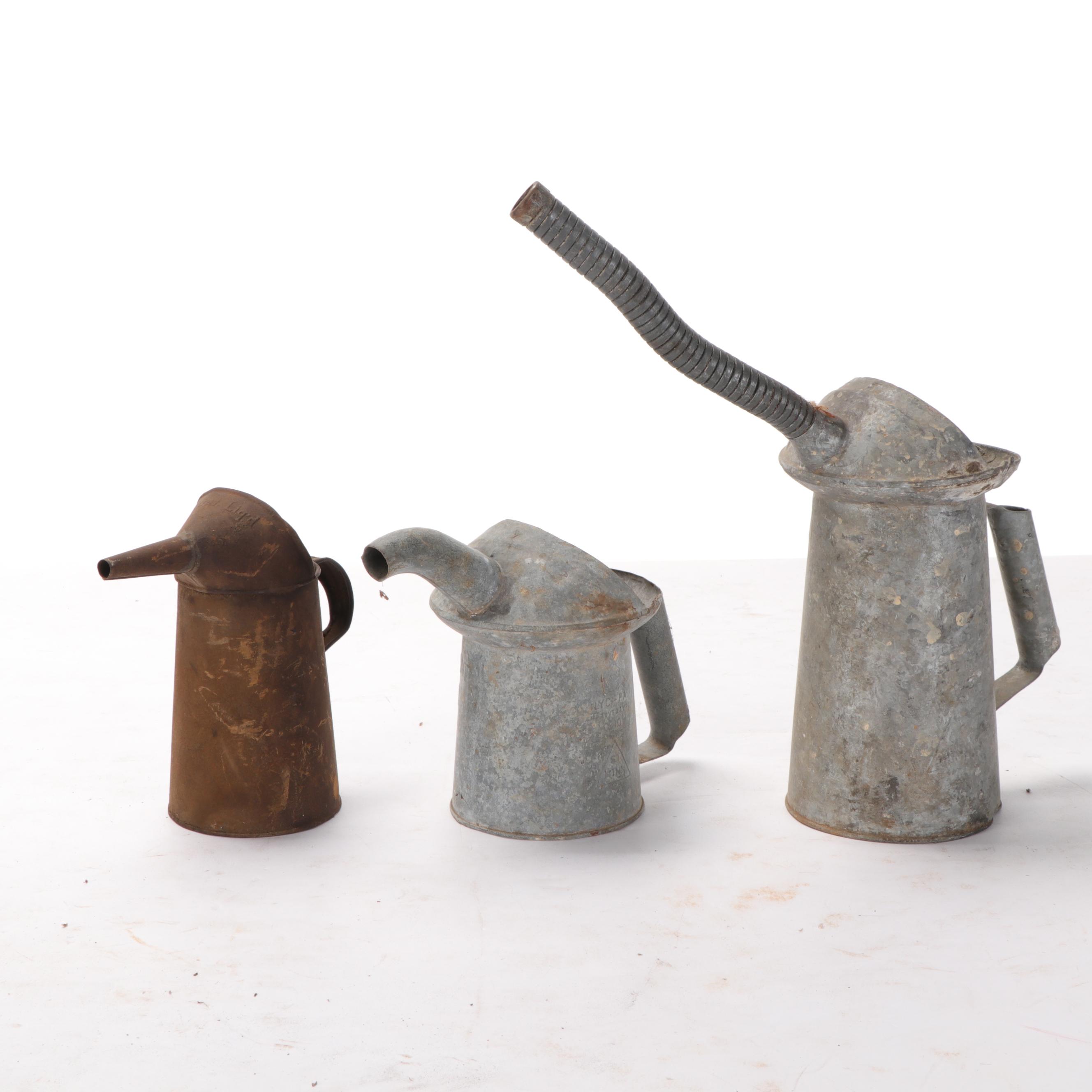 Galvanized Metal and Tin Oil Canisters With Long Nose Funnel