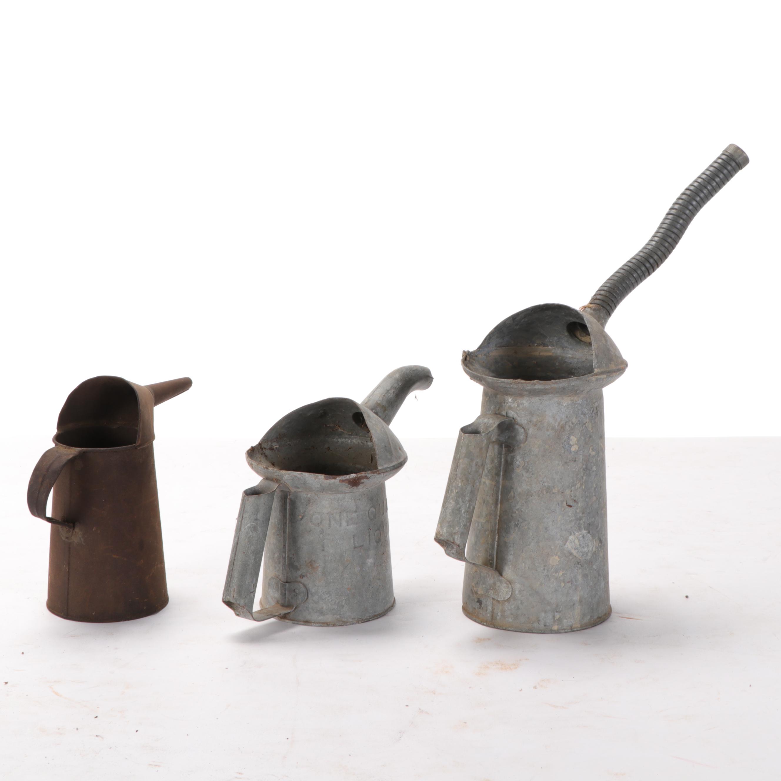 Galvanized Metal and Tin Oil Canisters With Long Nose Funnel