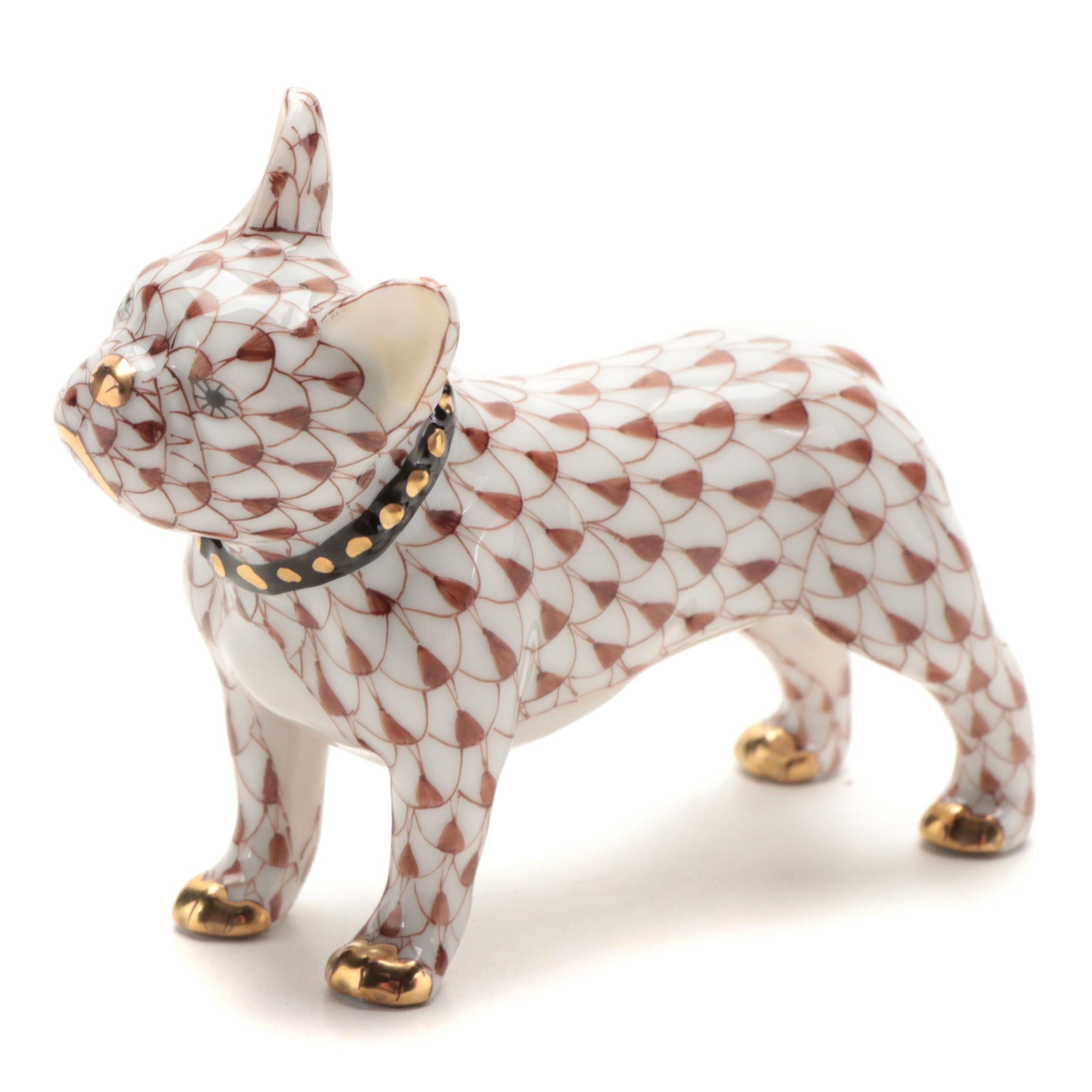Herend Chocolate Fishnet with Gold "Frenchie" Porcelain Figurine