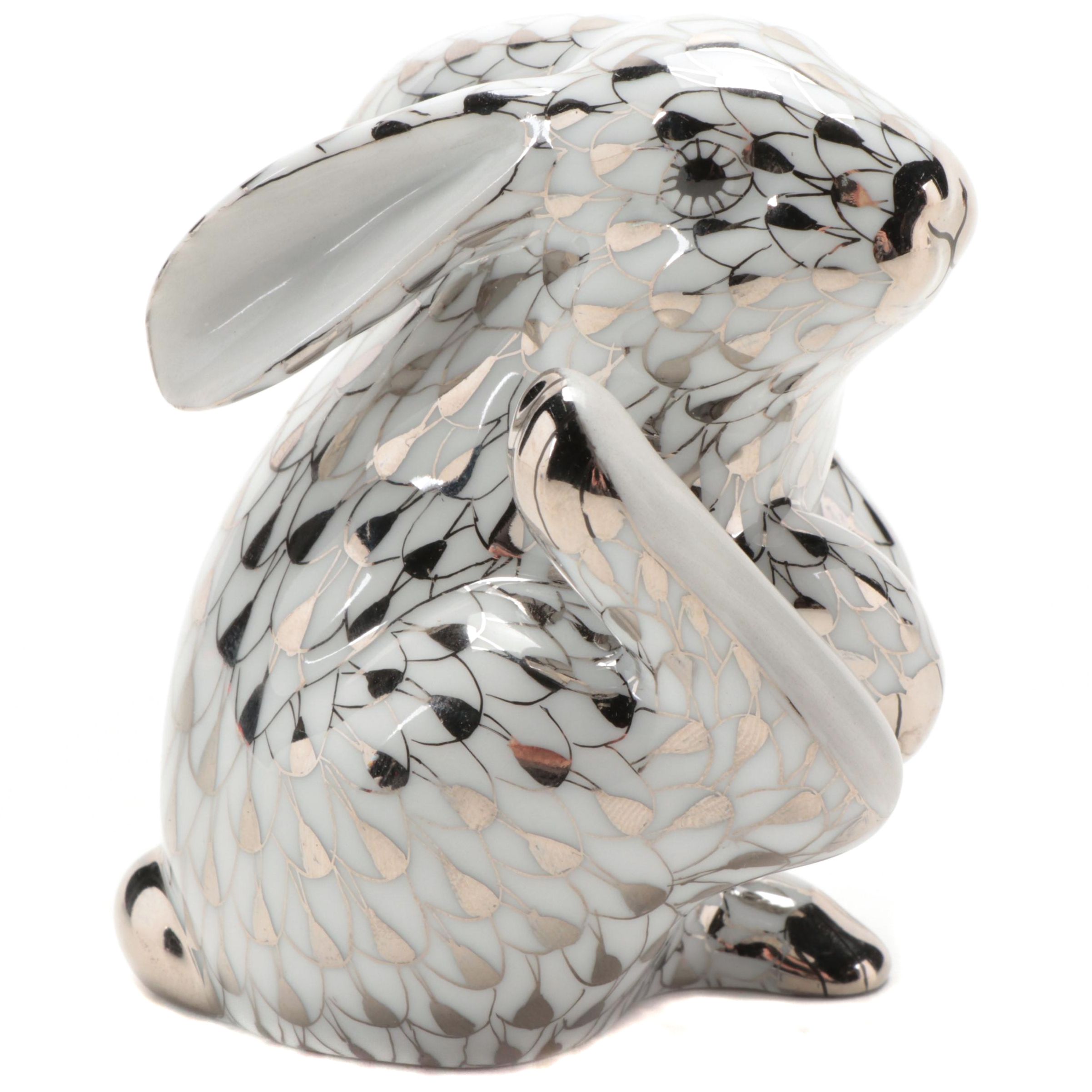 Herend Platinum Fishnet "Scratching Bunny" Porcelain Figurine