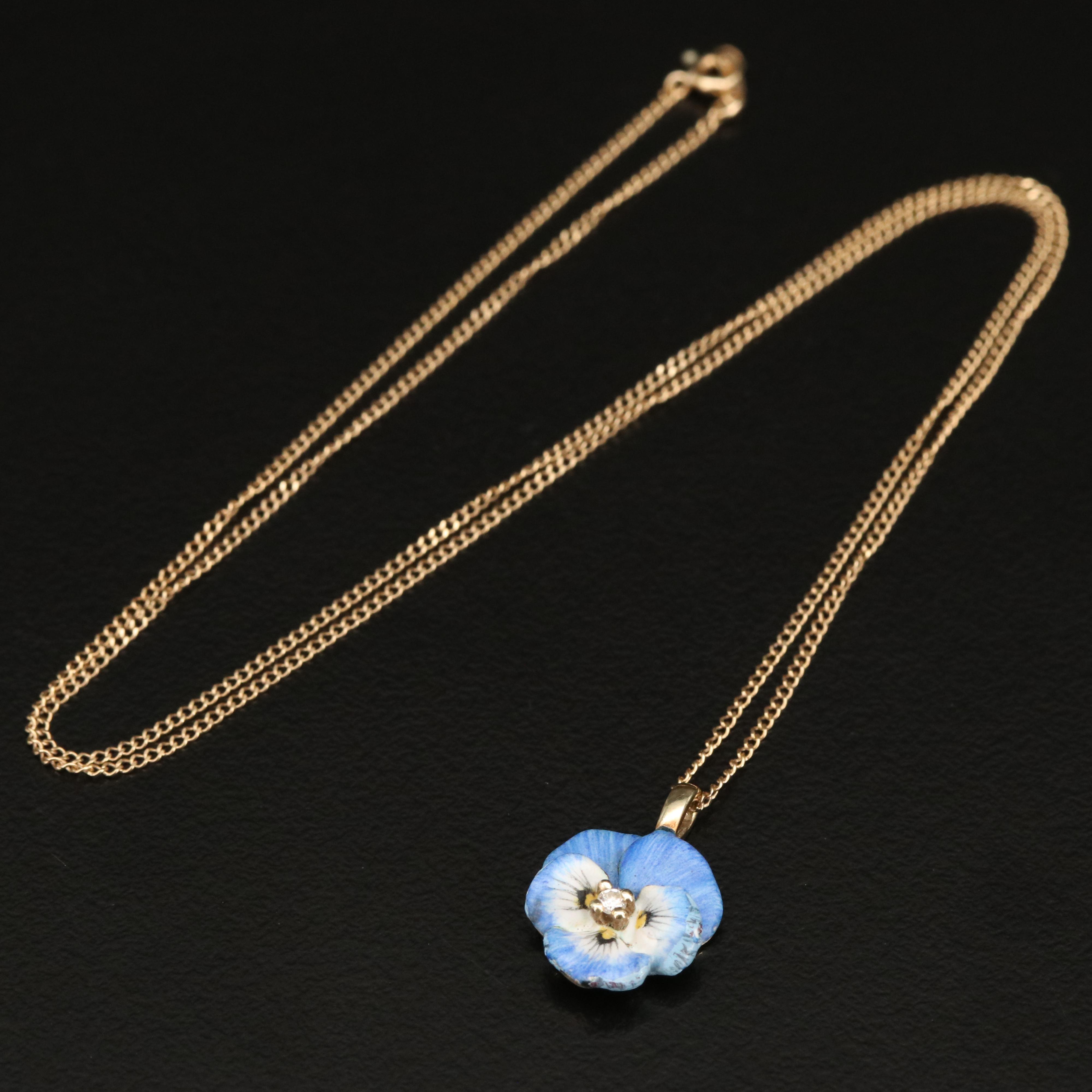 Art Nouveau 14K Diamond and Enamel Pansy Necklace
