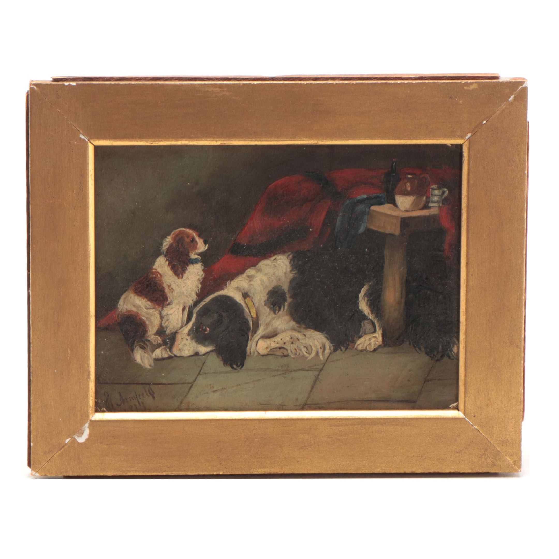 George Armfield Oil Painting of Dogs in an Interior, 1873