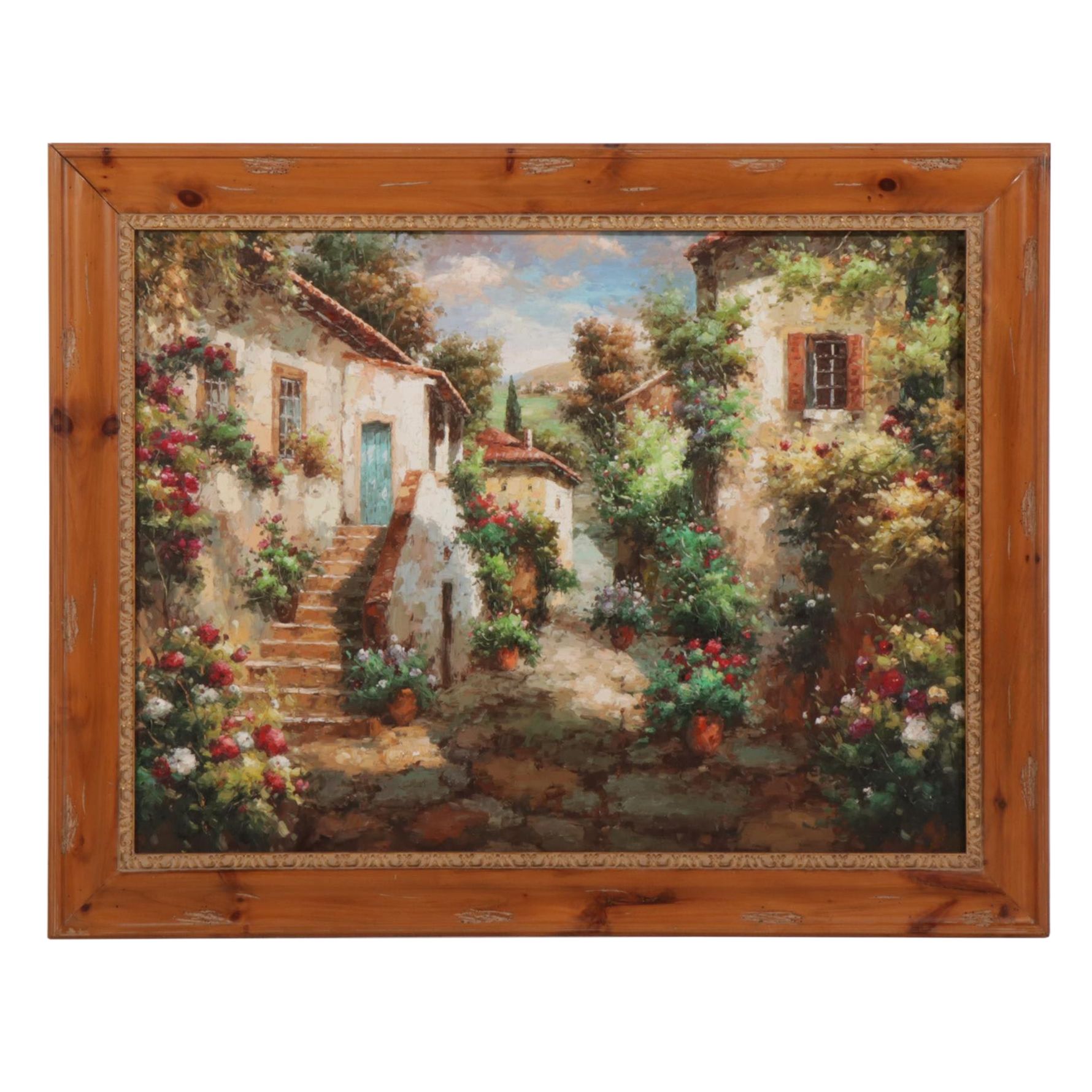 Gilbert Oil Painting of European Village Alleyway and Flowers, 21st Century