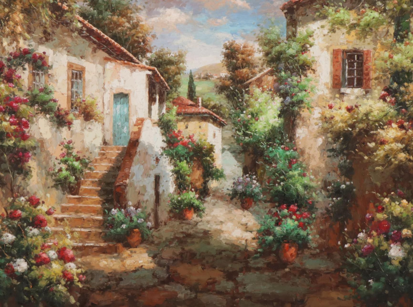 Gilbert Oil Painting of European Village Alleyway and Flowers, 21st Century