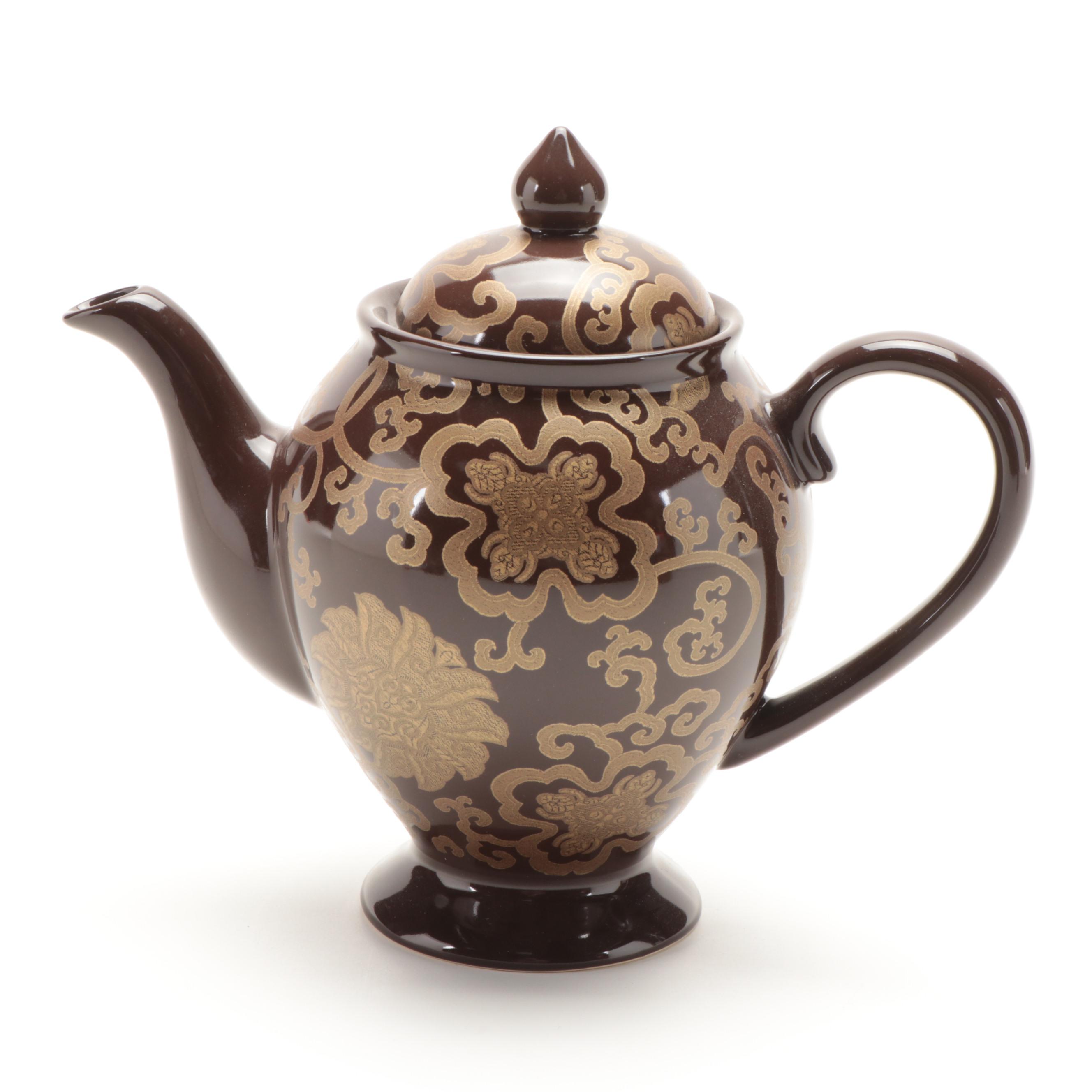 Pottery Barn "Chinoise" Ceramic Teapot, Strainer Mugs, and Dessert Plates