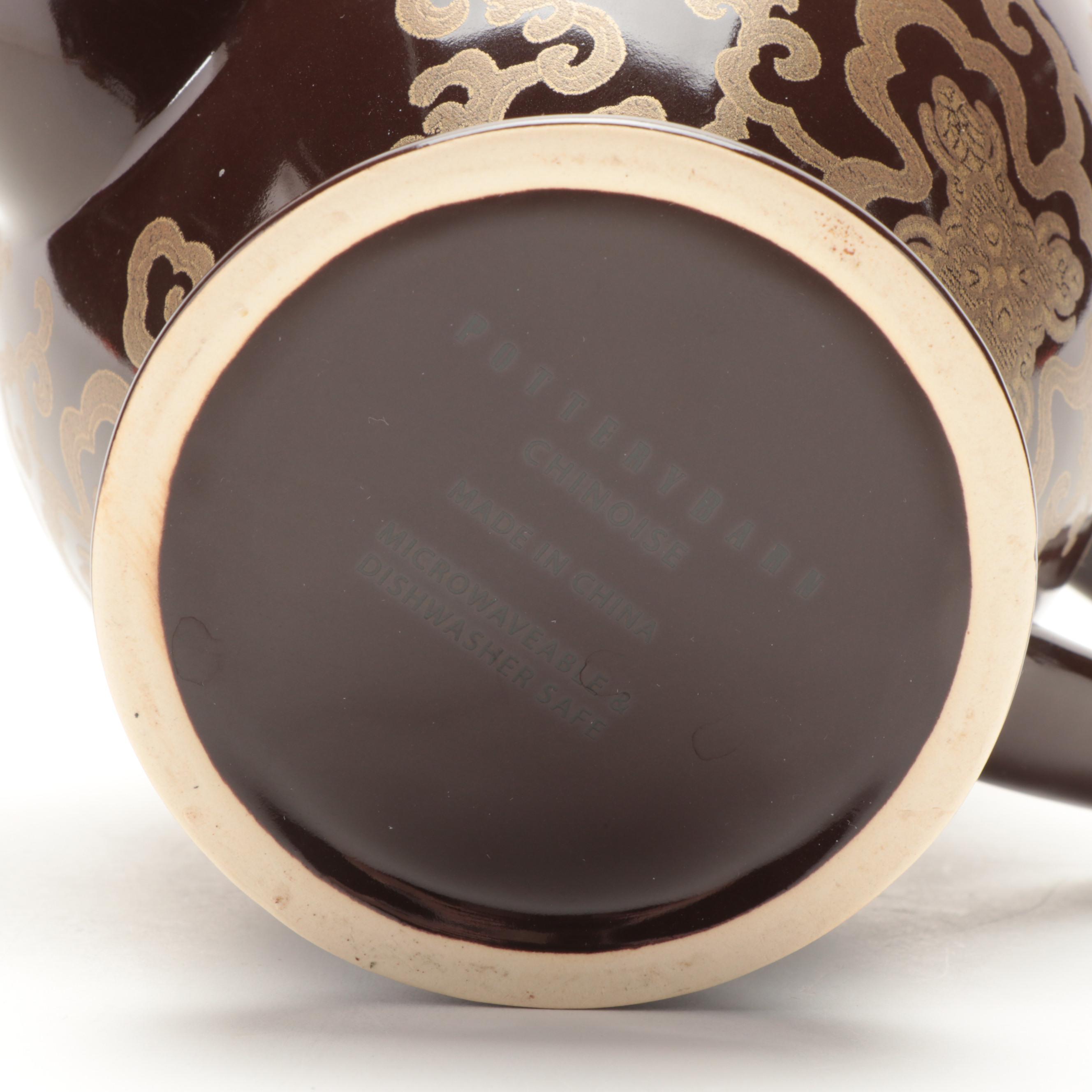 Pottery Barn "Chinoise" Ceramic Teapot, Strainer Mugs, and Dessert Plates