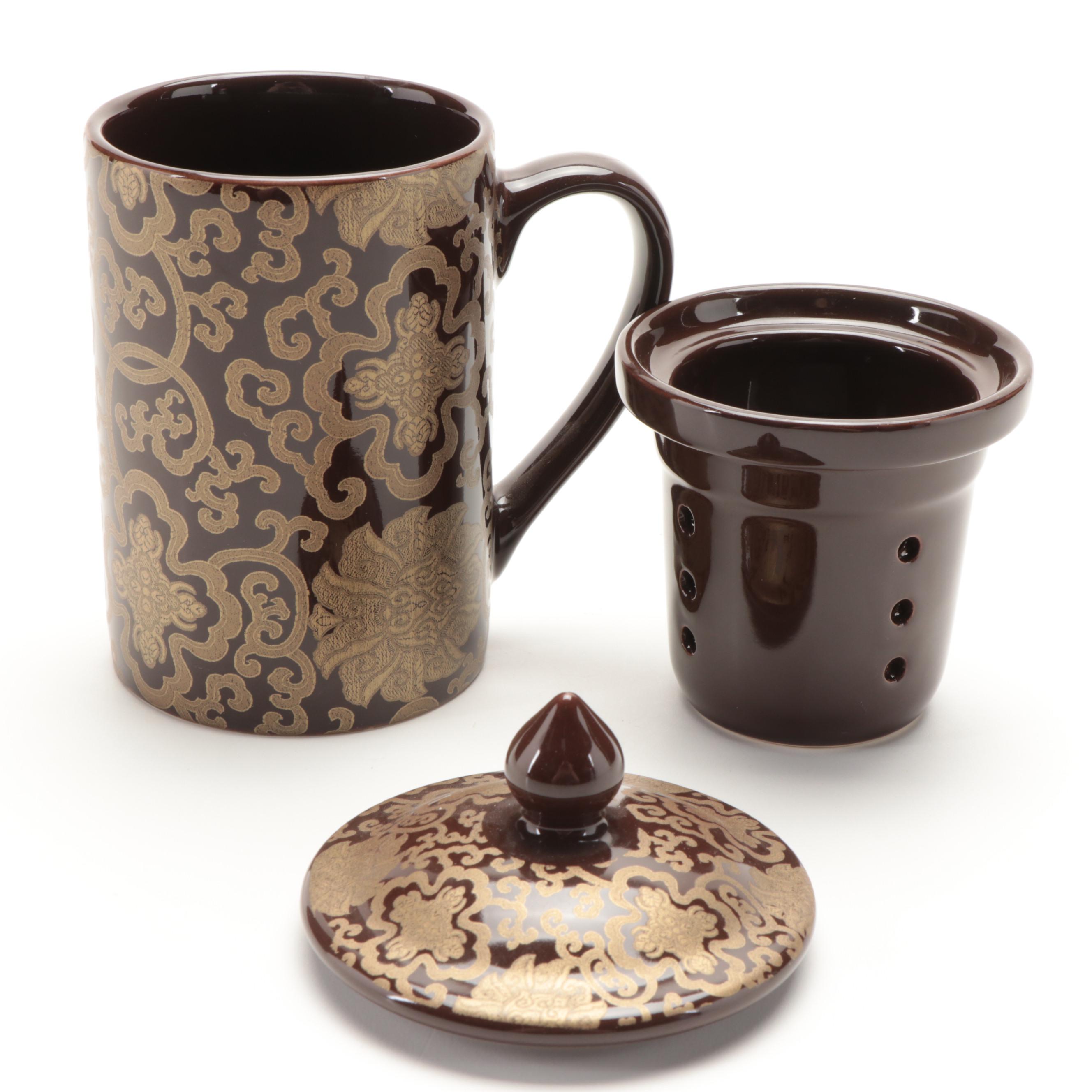 Pottery Barn "Chinoise" Ceramic Teapot, Strainer Mugs, and Dessert Plates