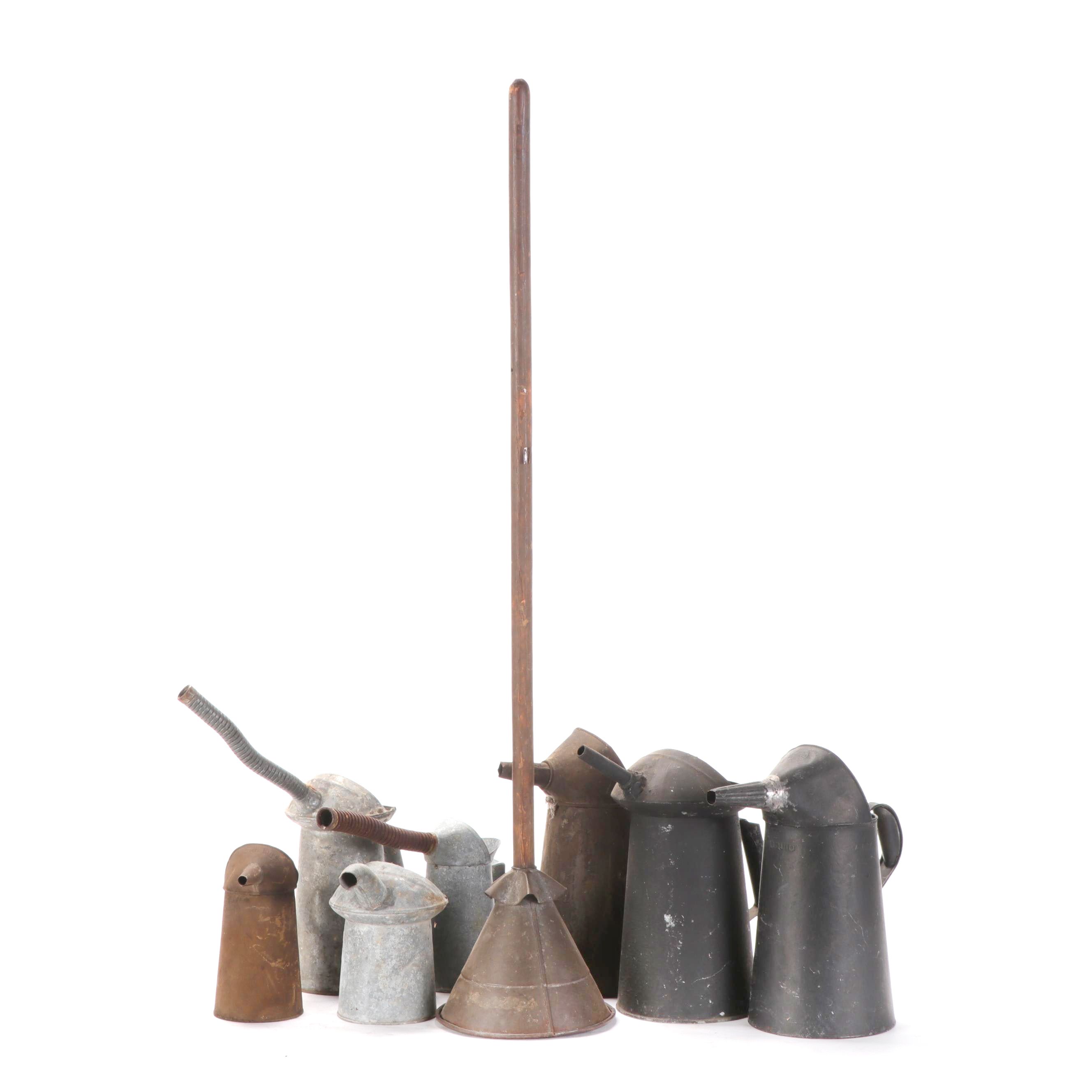 Galvanized Metal and Tin Oil Canisters With Long Nose Funnel
