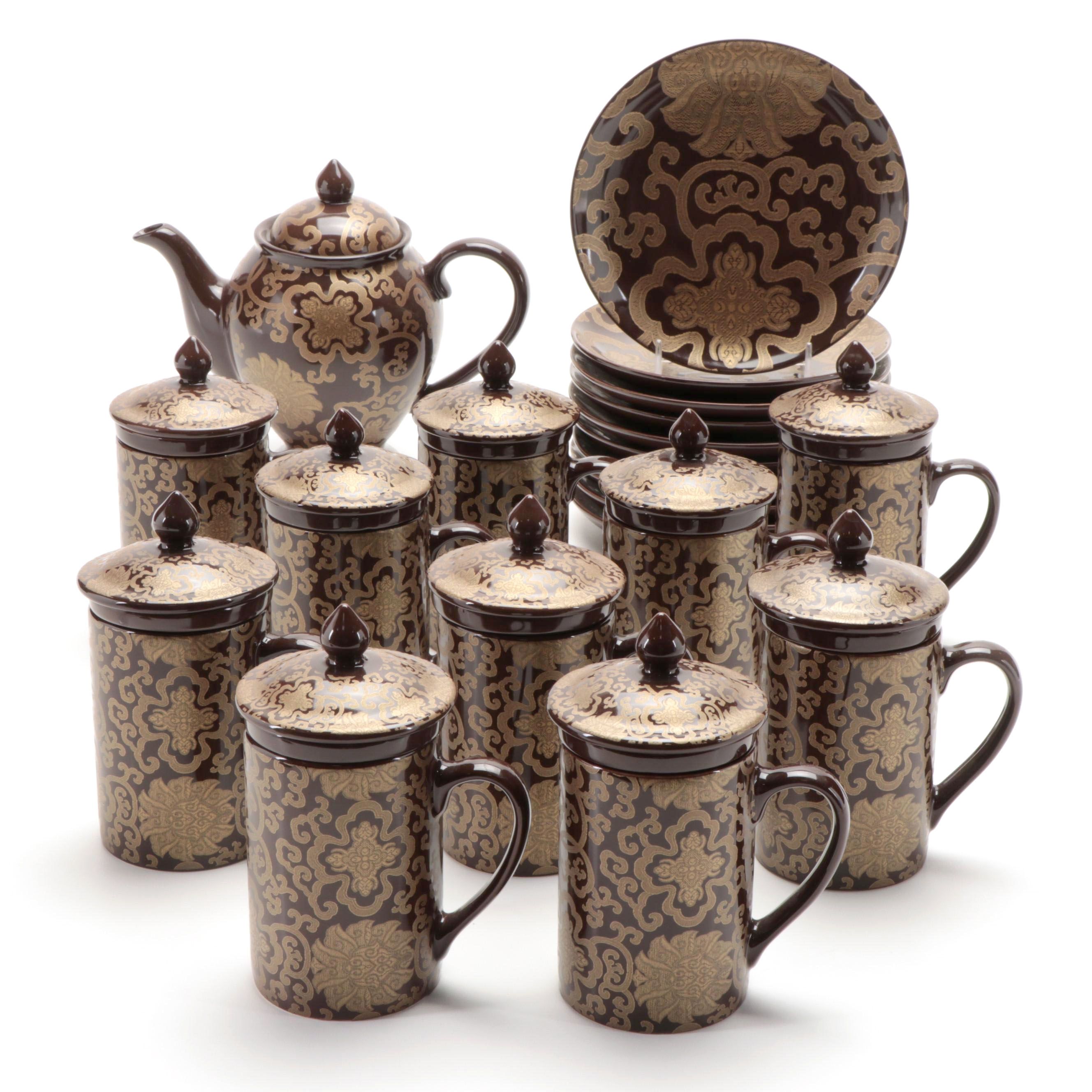 Pottery Barn "Chinoise" Ceramic Teapot, Strainer Mugs, and Dessert Plates