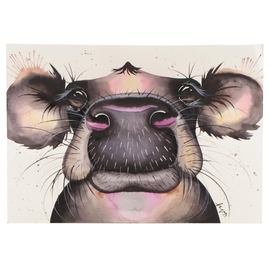 Anne Gorywine Watercolor Painting of Cow, 2020