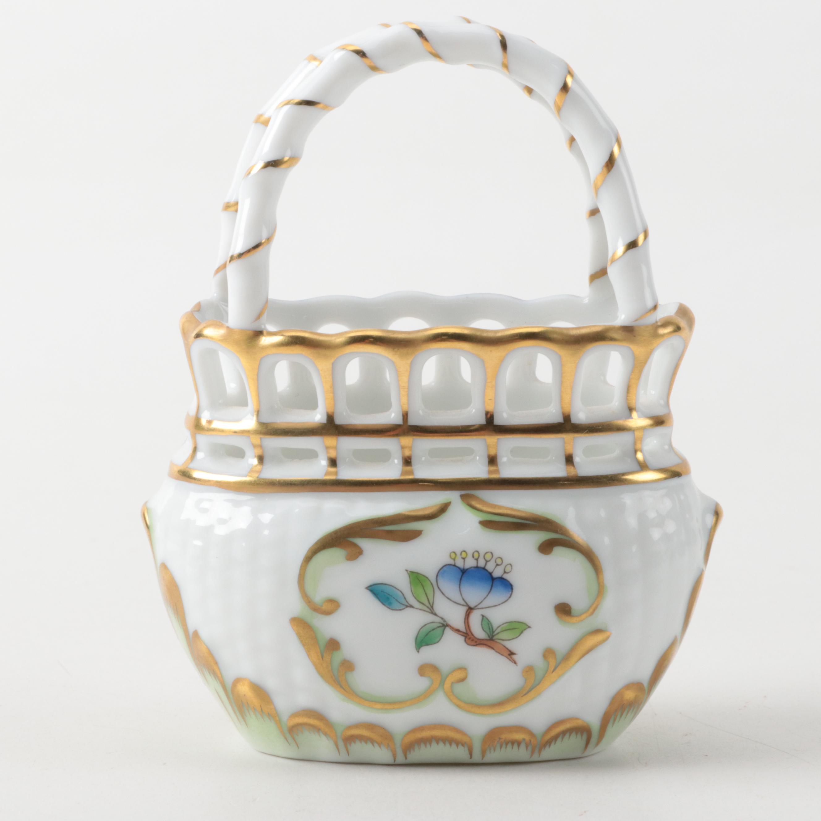 Herend "Queen Victoria" Porcelain Basket and "Chinese Bouquet" Shoe Figurine