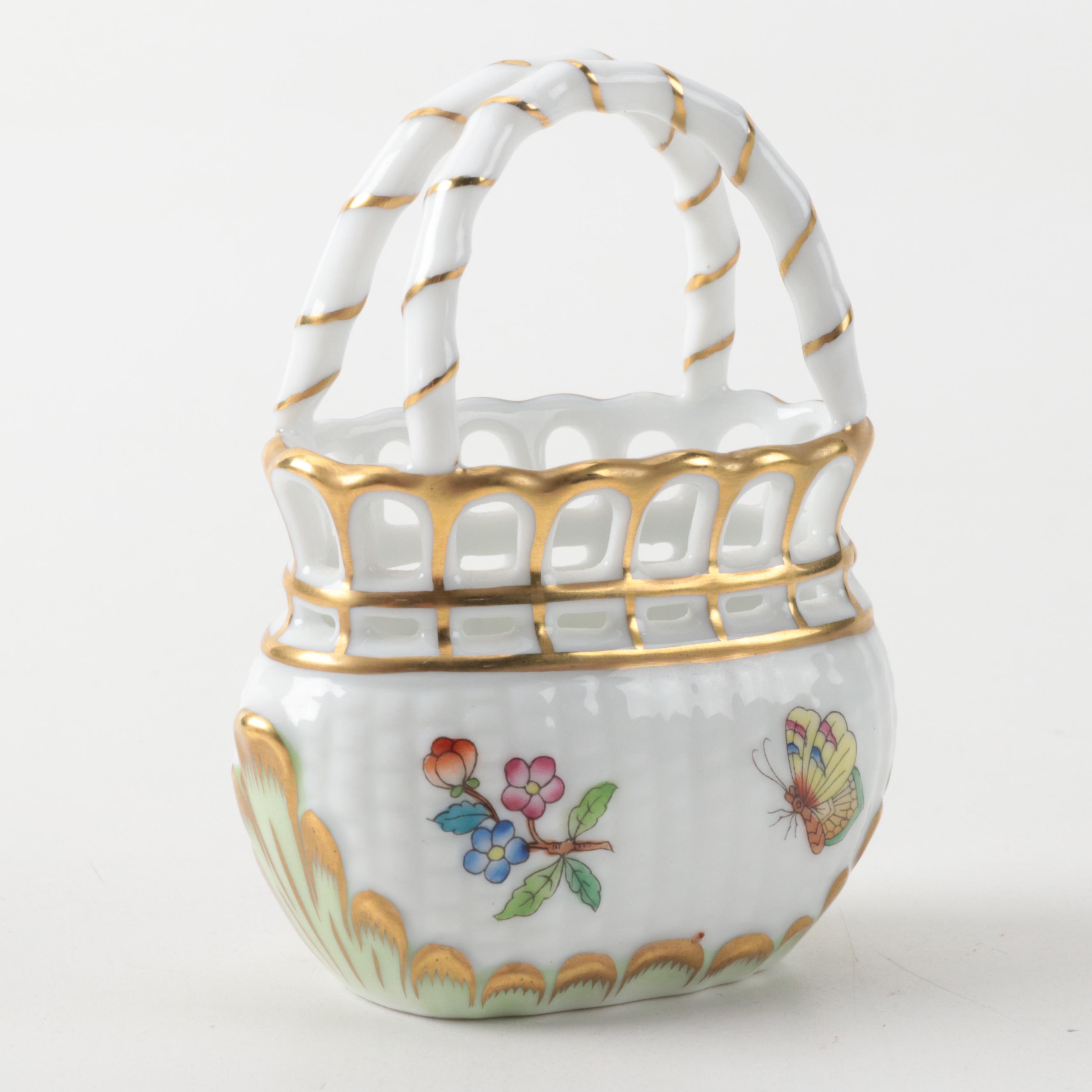 Herend "Queen Victoria" Porcelain Basket and "Chinese Bouquet" Shoe Figurine