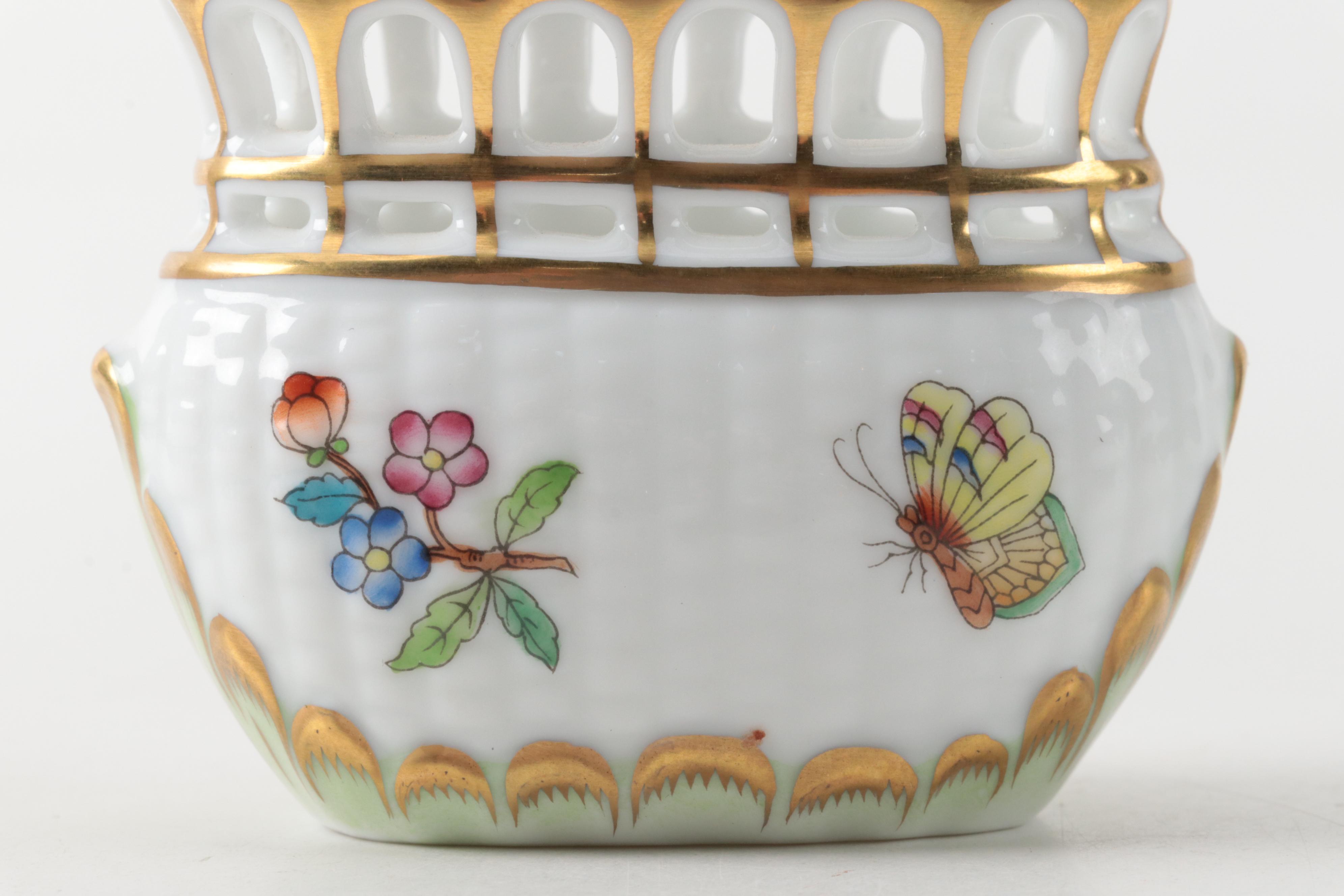 Herend "Queen Victoria" Porcelain Basket and "Chinese Bouquet" Shoe Figurine