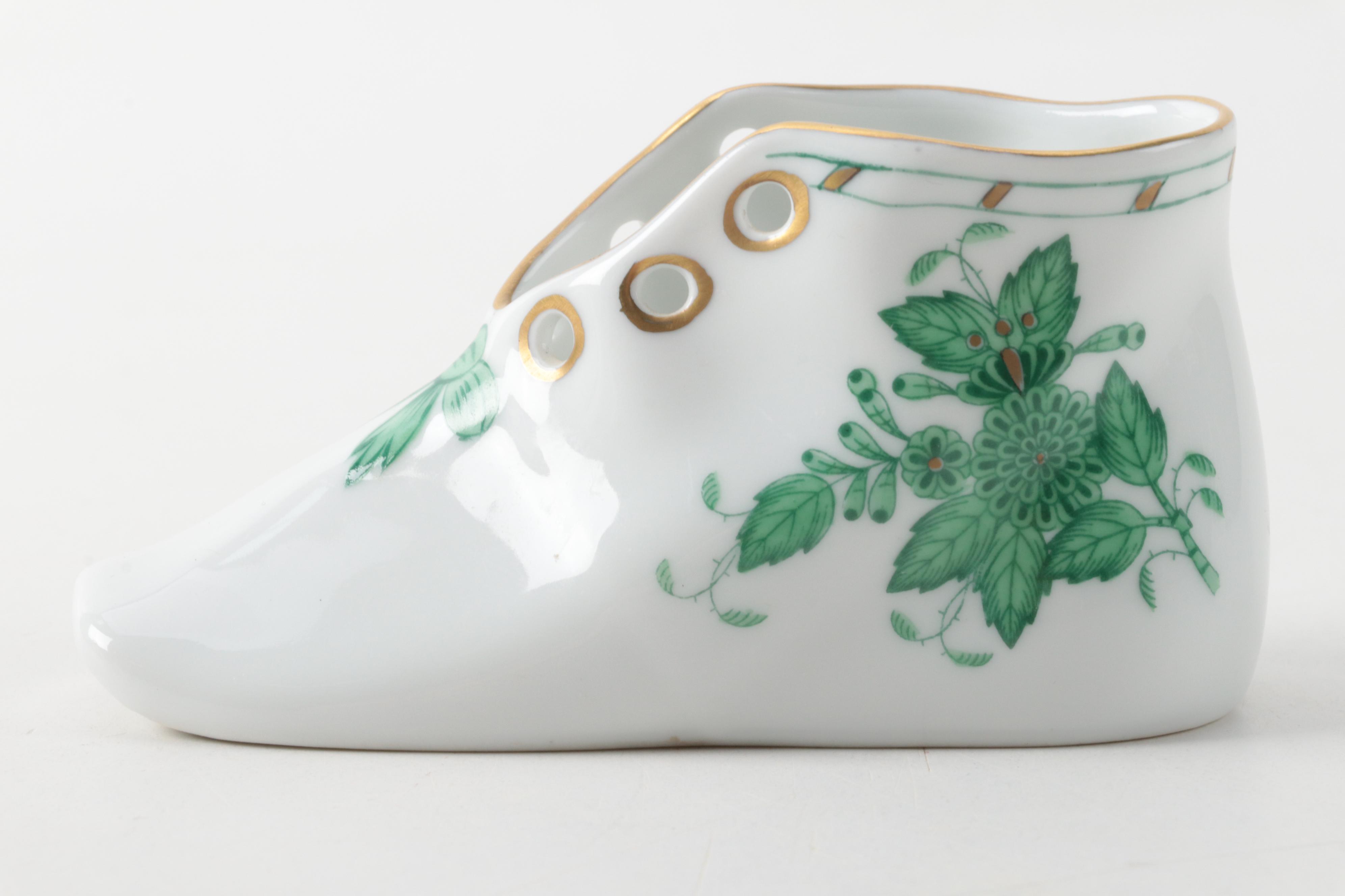 Herend "Queen Victoria" Porcelain Basket and "Chinese Bouquet" Shoe Figurine