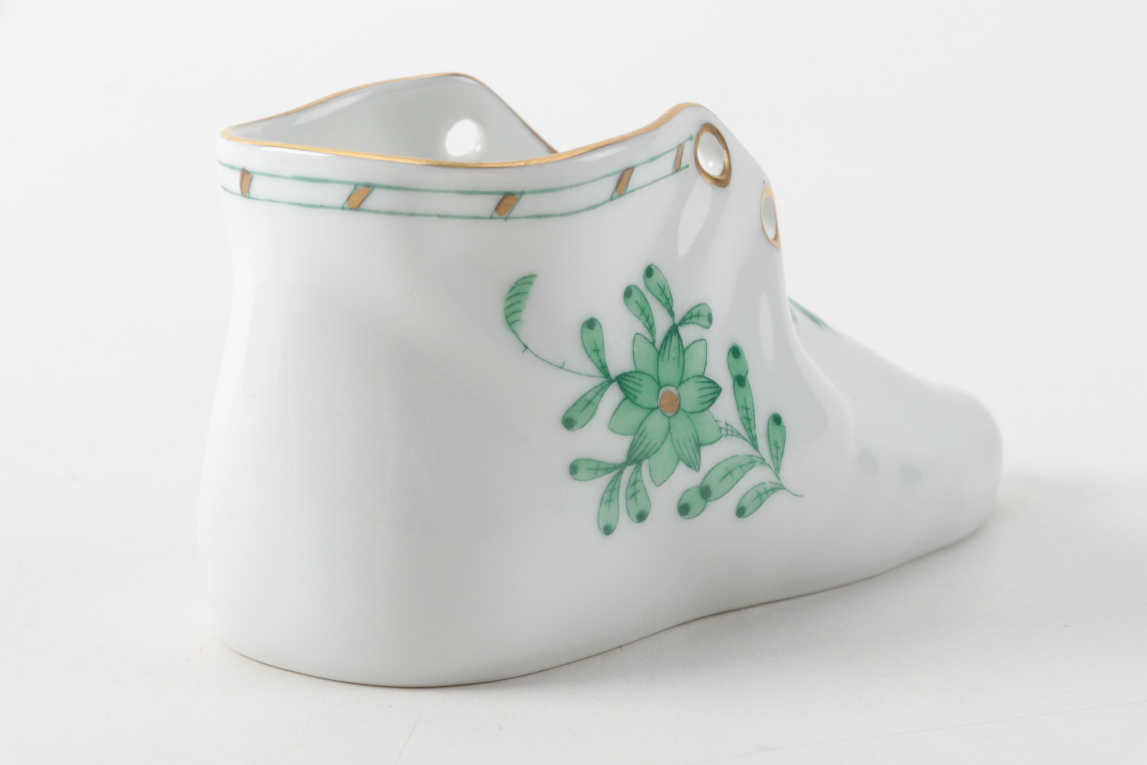 Herend "Queen Victoria" Porcelain Basket and "Chinese Bouquet" Shoe Figurine