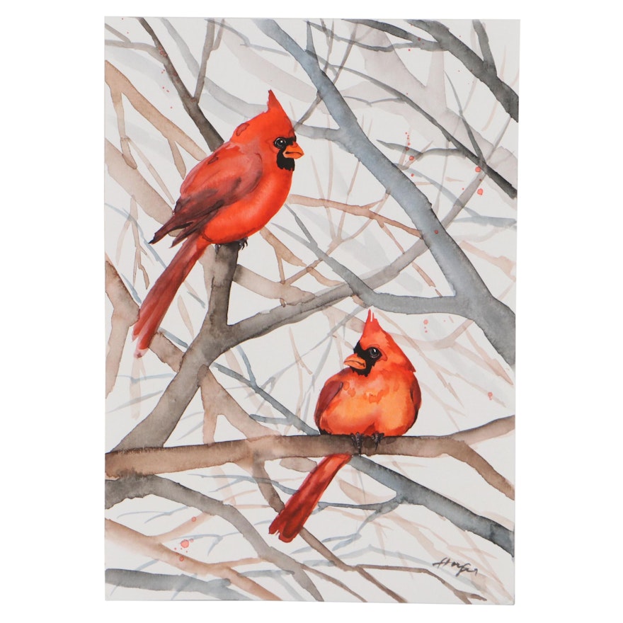 Anne Gorywine Watercolor Painting of Cardinals, 2021