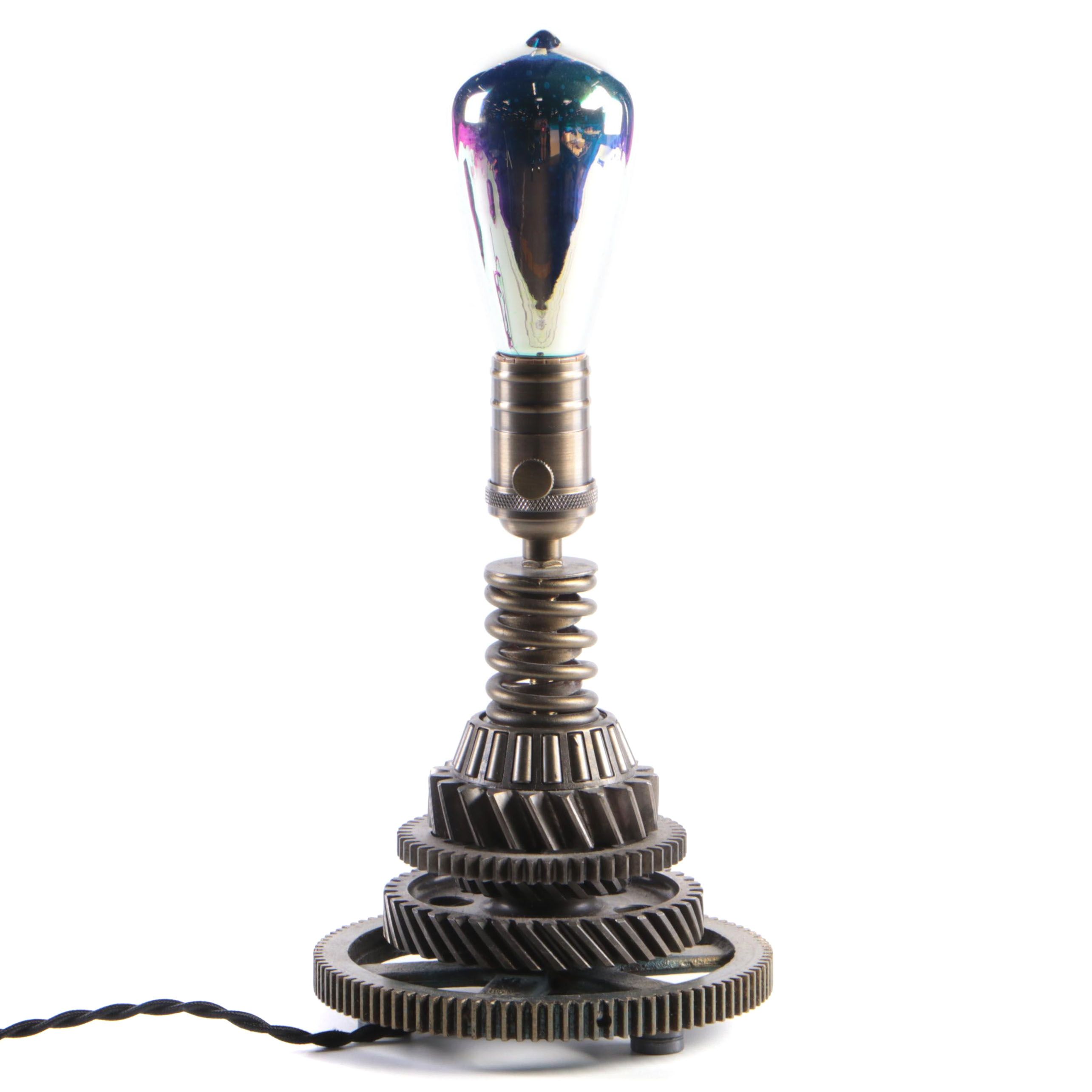 Industrial Steampunk Gear Table Lamp with Infinity 3D Fireworks Light Bulb