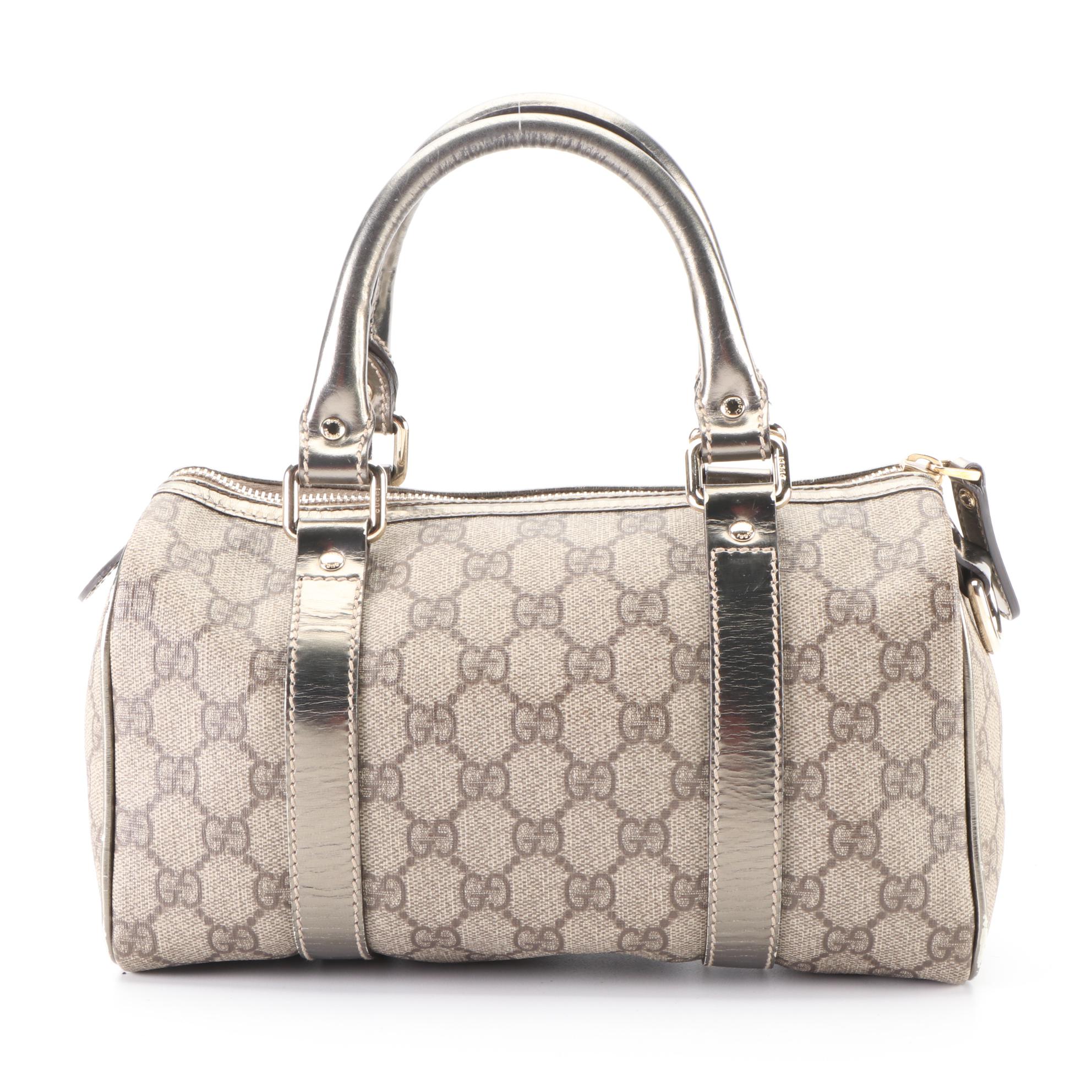 Gucci Boston Bag in GG Supreme Canvas and Metallic Leather